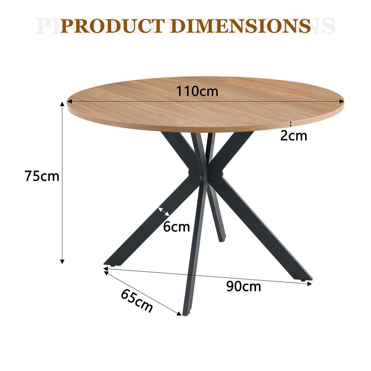 ESSTISCH runder Walnuss mit schwarzem X-förmigem Gestell 110/110/75 cm - Walnussfarben, Holz (110/110/76cm) - Oxeza