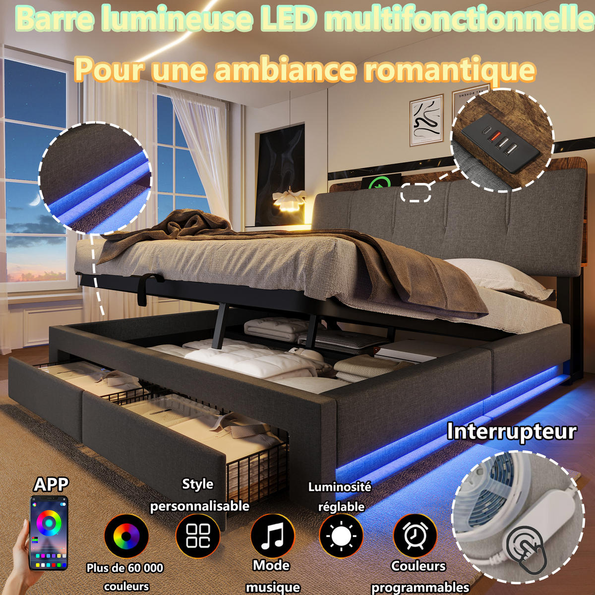 POLSTERBETT 140/200 cm in Grau mit Bettkasten, 2 Schubladen, LED und USB Type-C Leinen - Grau, Holzwerkstoff/Textil (140/200cm) - STILVORA