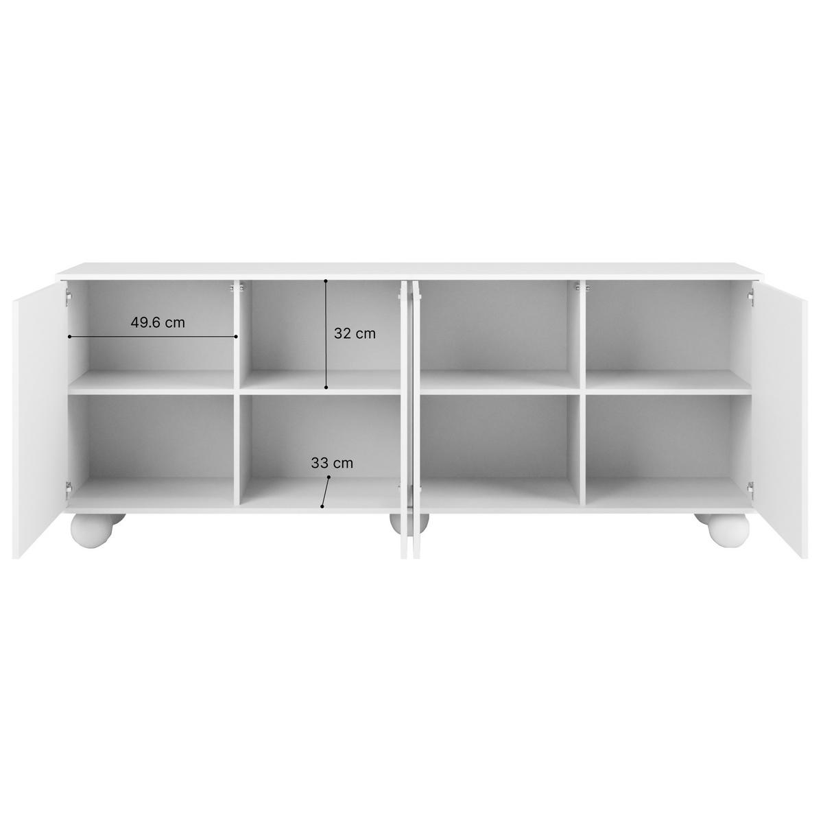 KOMODA Adel se 4 dvířky a kulatými nožkami, 204 cm, bezúchytková, bílá - bílá, kompozitní dřevo (204/81/38cm) - Beautysofa