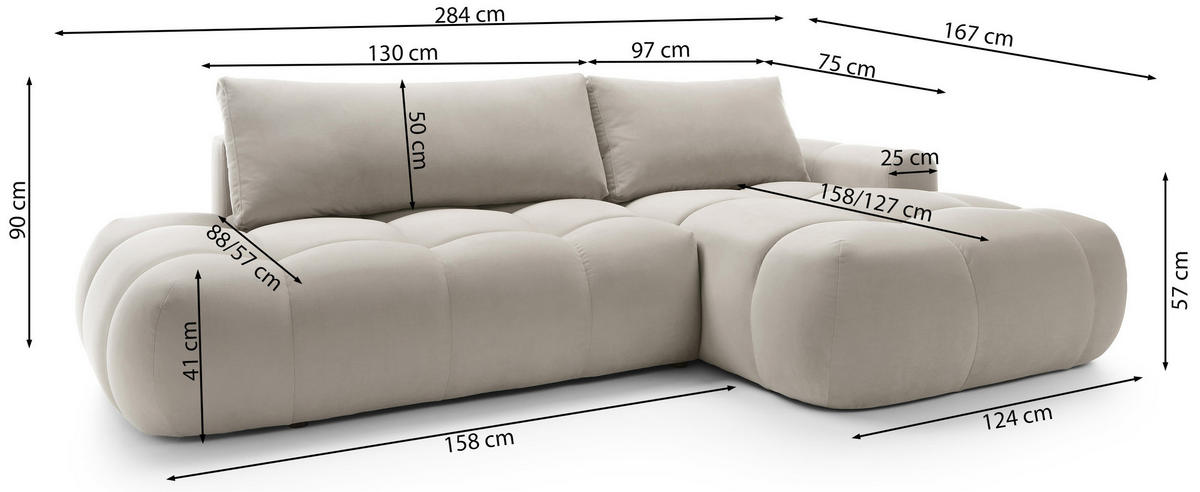 ECKSOFA Ombo Beige Velours 280 cm - Beige/Schwarz, Kunststoff/Textil (284/167cm) - Selsey