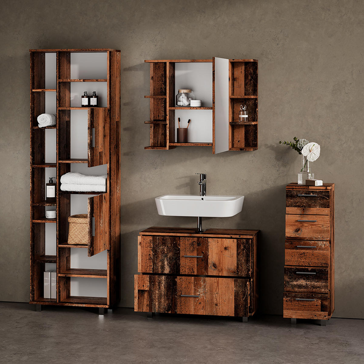 BADMÖBEL-SET Eisak Eiche rustikal 4 Teile, mit Hochschrank - Wildeiche, Holzwerkstoff (80/60/33cm) - Livinity®