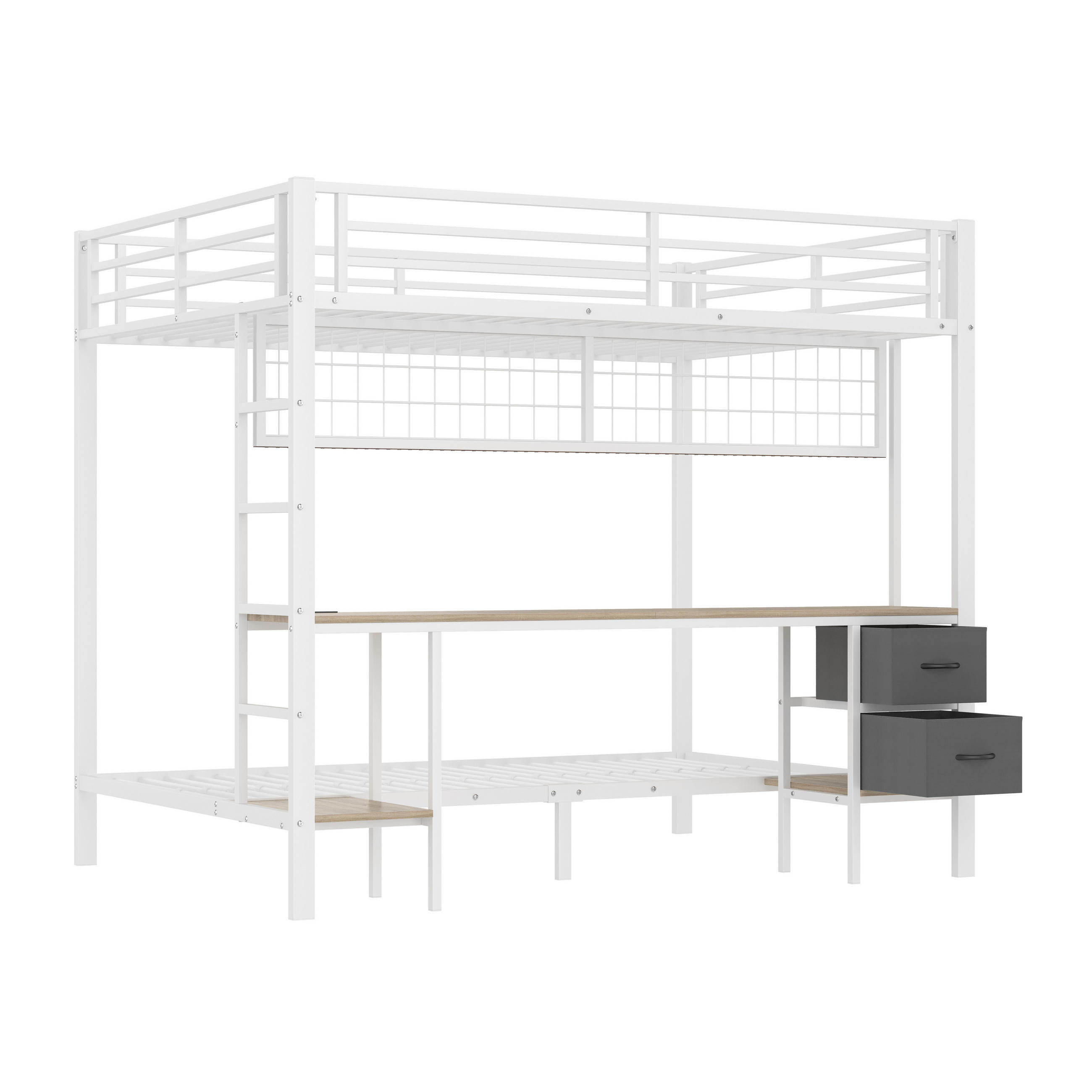 HOCHBETT 90x200+140x200cm, Eisen, Regale, Kleiderstange, Schreibtisch, LED - Weiß, Metall (140/200cm)