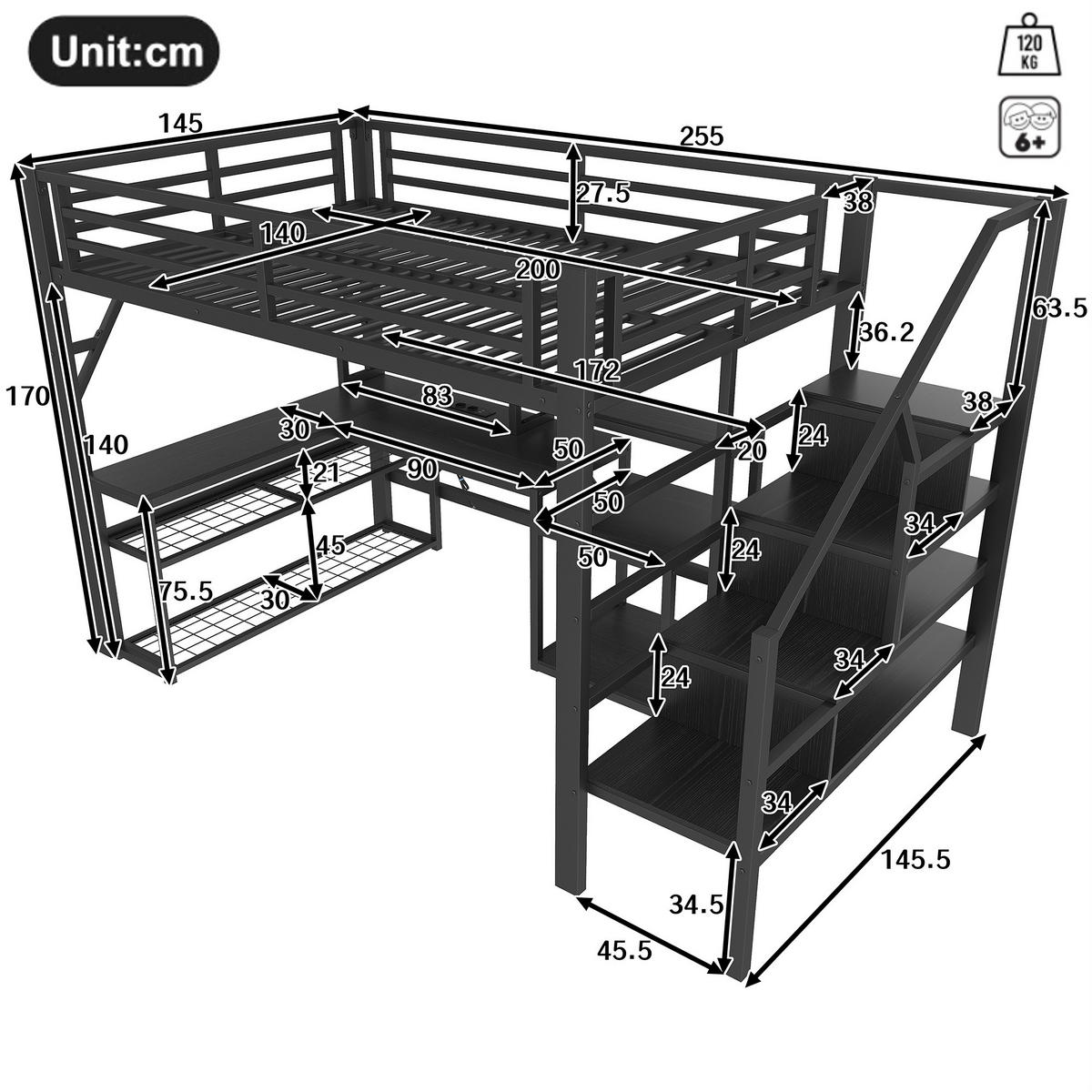 HOCHBETT 140/200 cm Schwarz aus Metall und MDF mit Schreibtisch - Schwarz, Metall (140/200cm) - OKMYHOME