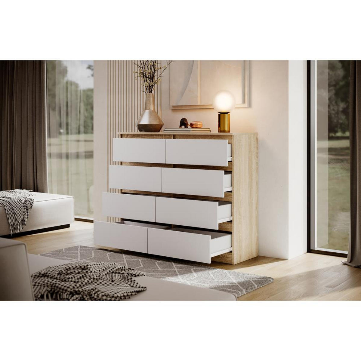 KOMMODE Lemon 120 cm mit acht Schubladen eiche Sonoma/weiß - Weiß/Sonoma Eiche, Holzwerkstoff (120/101.5/39cm) - Beautysofa