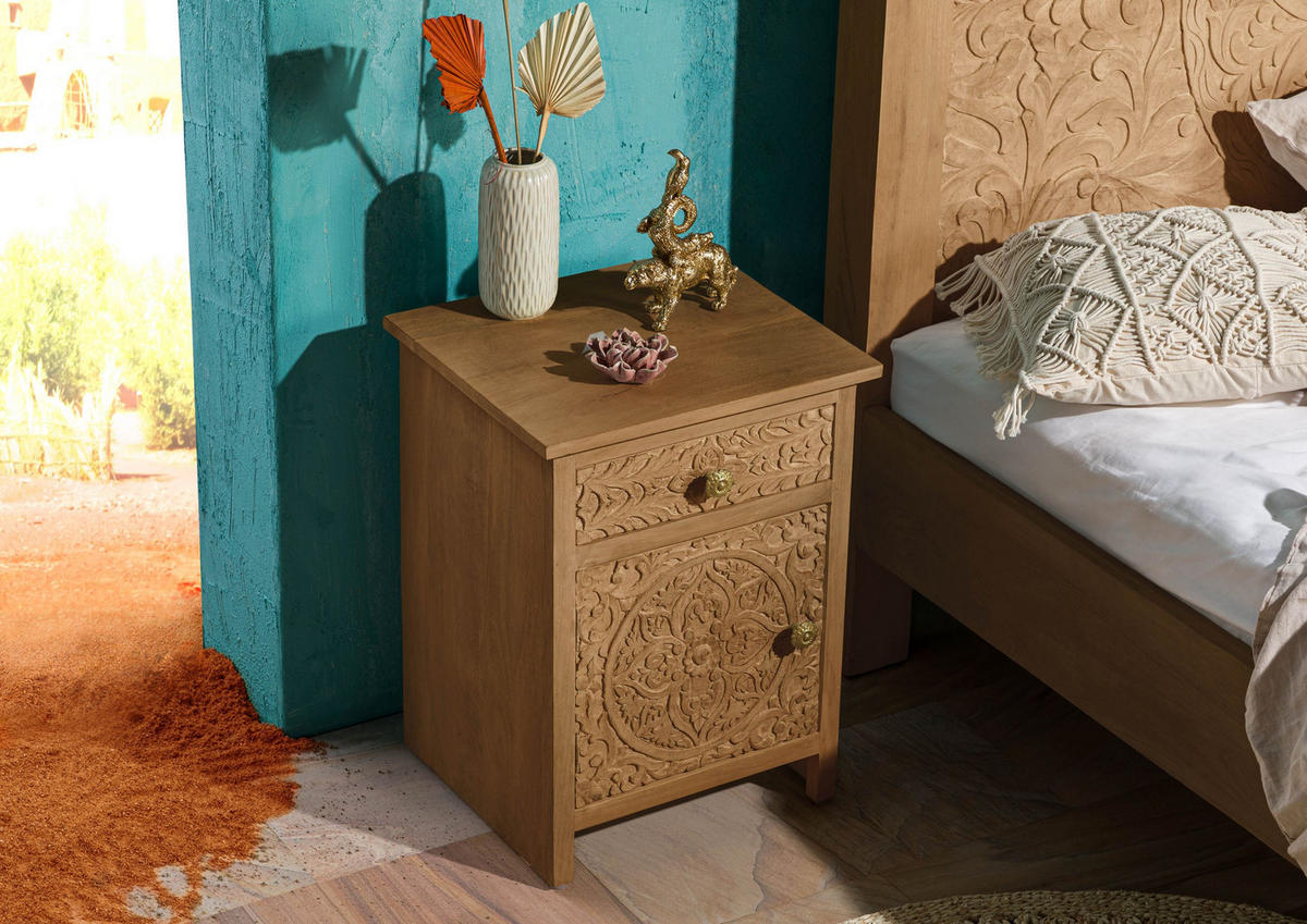 NACHTTISCH (Türanschlag links) Mango 45x40x60 natur lackiert KASHMIR #104 - Braun, Holz (45/60/40cm) - Massivmoebel24