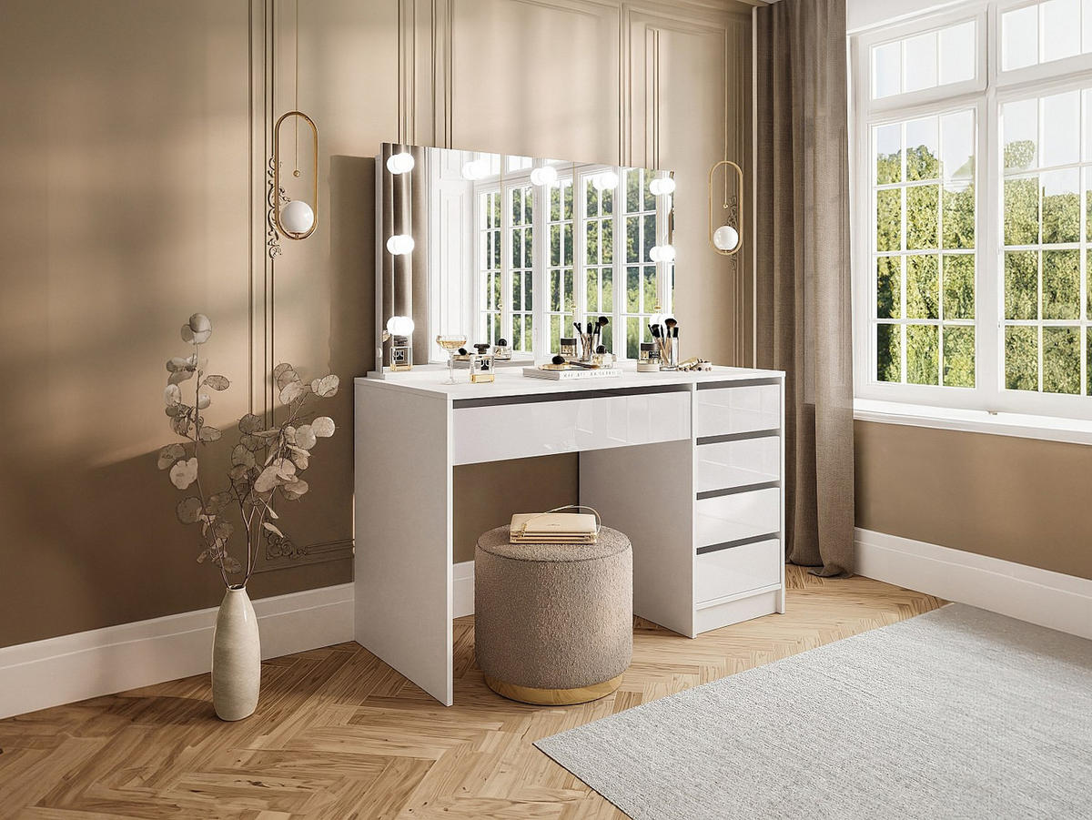 FRISIERTISCH mit LED-Spiegel – 5 Schubladen – Hochglanz Weiß – JENEMI - Weiß, Holz (120/142.6/55cm) - Vente-Unique
