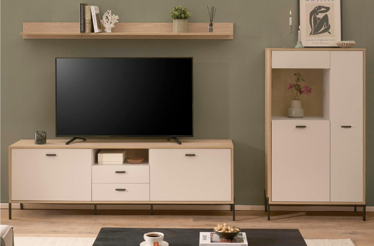 WOHNWAND Kaschmir, Eiche 285 cm 3-teilig, Wohnkombination mit Soft-Close - Kaschmir/Eichefarben, Glas/Holzwerkstoff (285/170/40cm) - Furn.Design