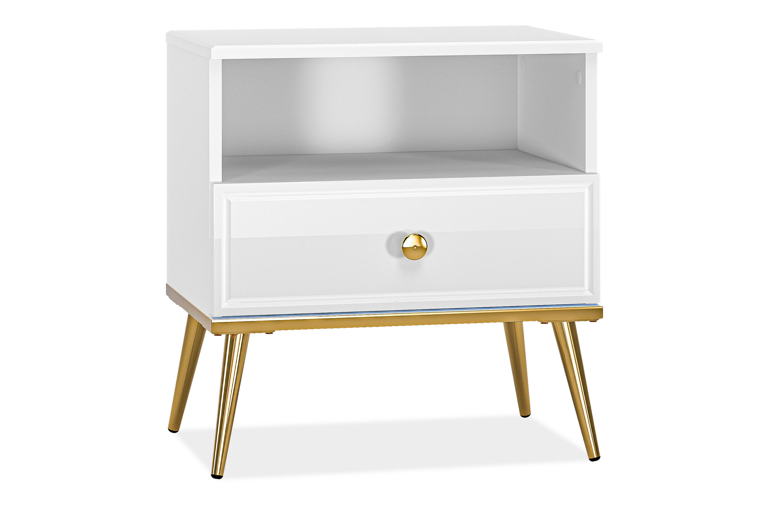NACHTTISCH ISORIA mit Goldelementen, Glas Weiß - Goldfarben/Weiß, Holz/Metall (50/53/34cm) - KONSIMO®