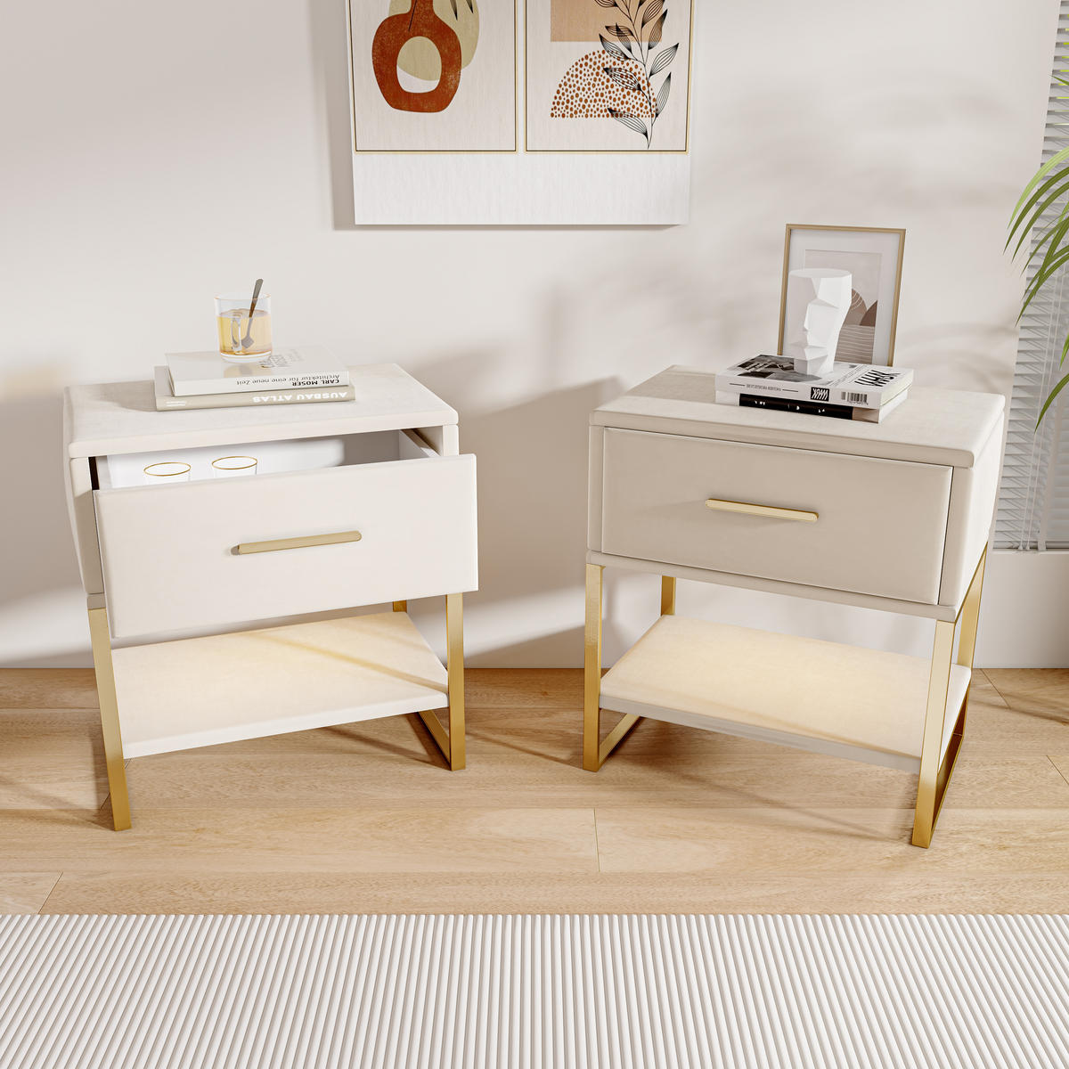 NATTDUKSBORD, beige sammet, LED, låda, metallram - Beige, Träbaserade material (40/50/31cm) - SHOPENTRA