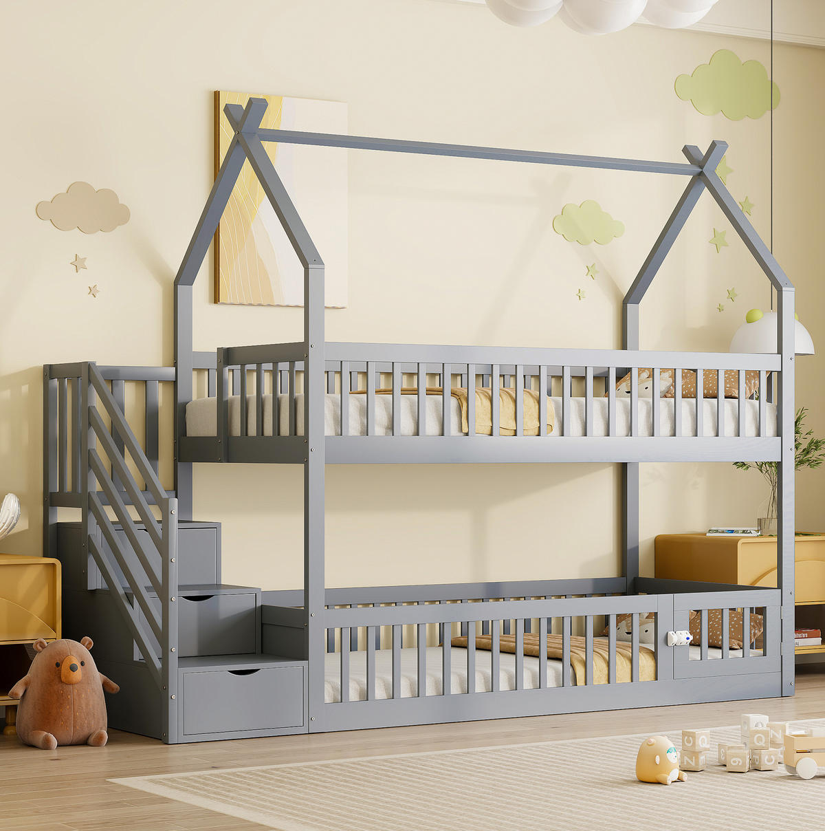 ETAGENBETT 90/200 cm Grau mit Dach, Sicherheitstreppe und Stauraumschubladen - Grau, Holz (90/200cm) - MIVRAY