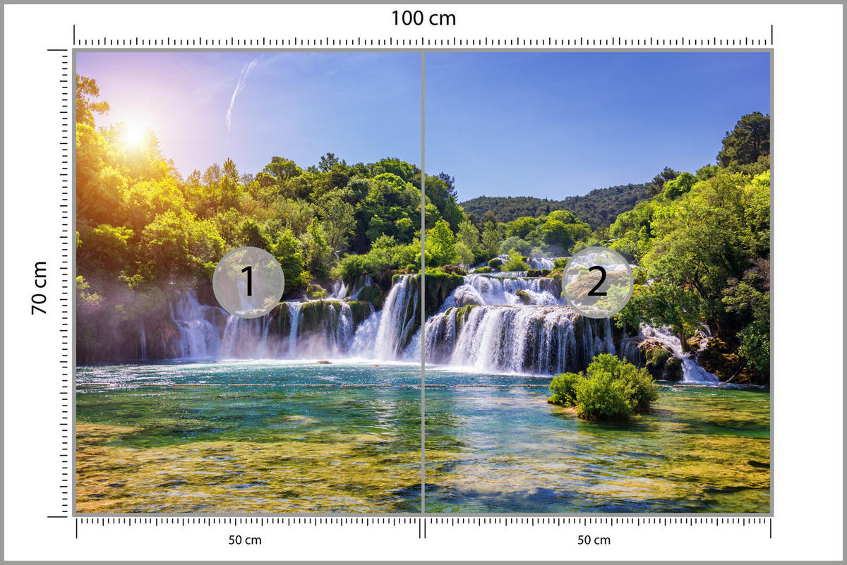 FOTOTAPETE Wasserfälle Wald Landschaft 3D 100x70 - Türkis/Blau, Papier (100/70cm) - Muralo