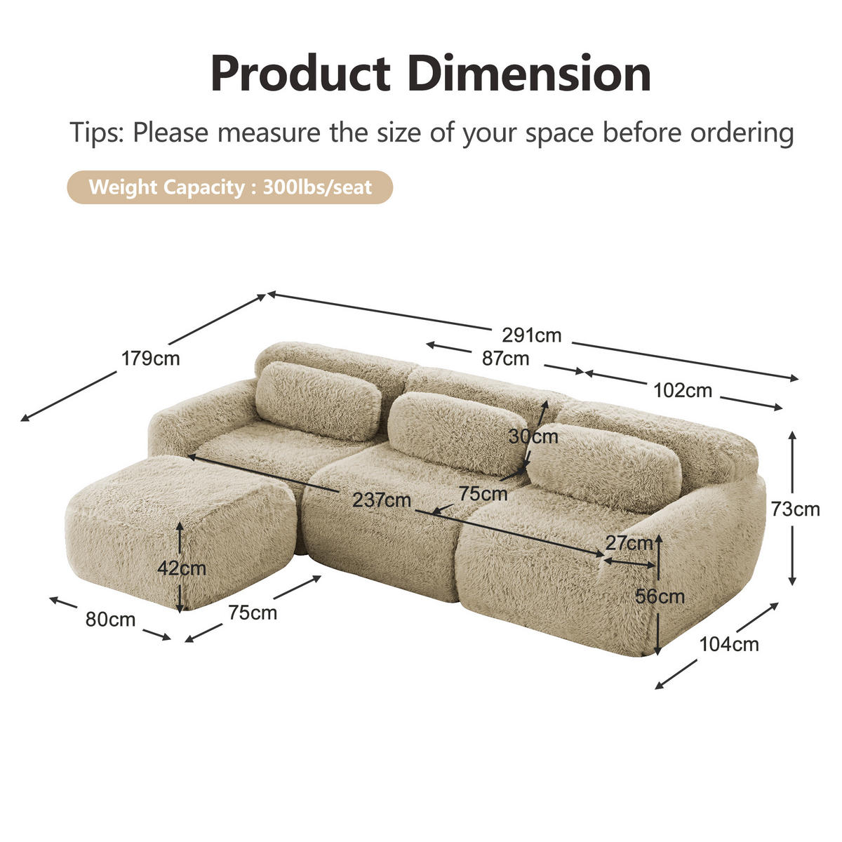 SOFA 3-Sitzer 291×179×73 cm aus flauschigem Plüschstoff rahmenlos, beige - Beige, Textil (179/73/204cm) - Luhomfu