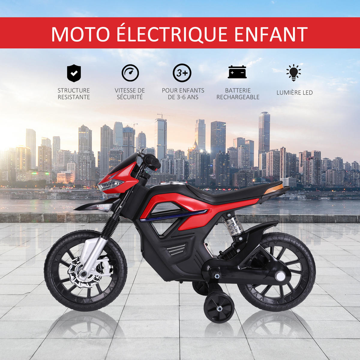 ELEKTRO-MOTORRAD DE-12979 mit Stützrädern Rot - Rot, Kunststoff (105/52/62cm) - ComfortXL