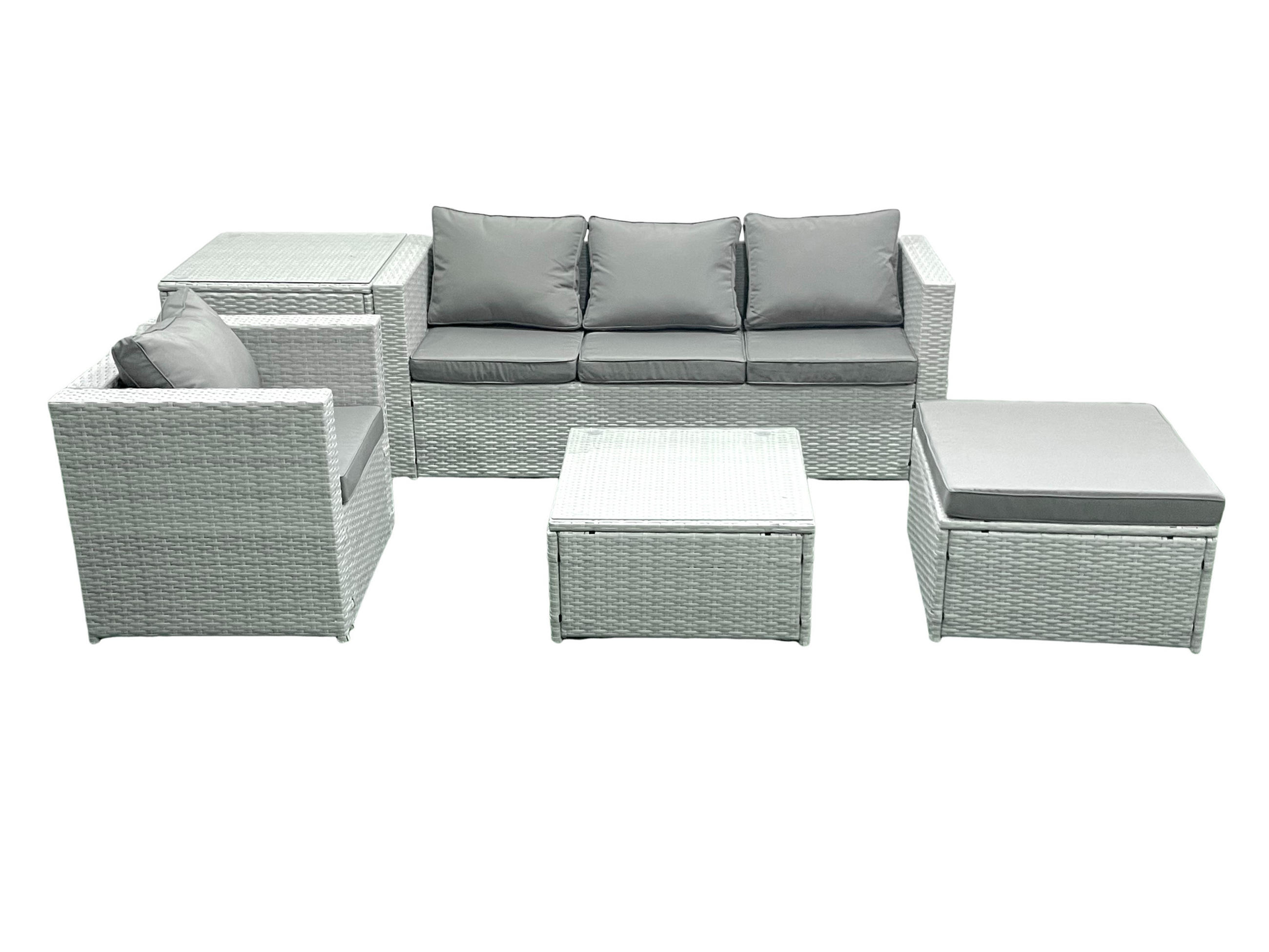 GARTENMÖBELSET mit 3-SITZER SOFA,COUCHTISCH Polyrattan Hellgrau-Mix 5-Sitzer - Hellgrau/Grau, Glas/Kunststoff - Fimous