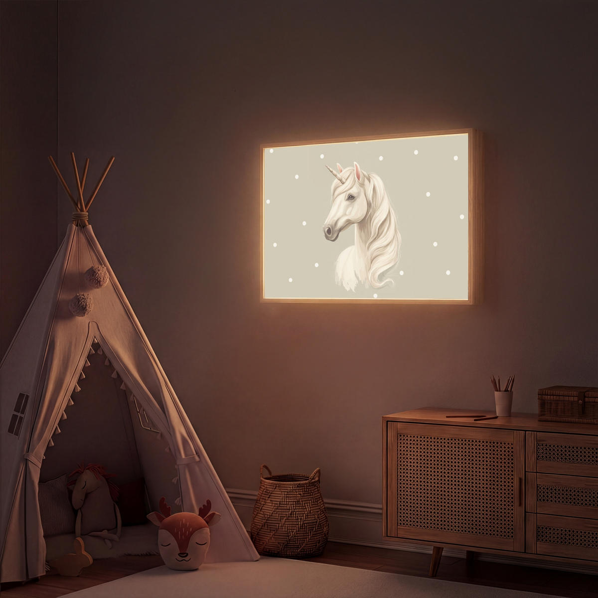 NÁSTĚNNÁ LAMPA S AKUMULÁTOREM Jednorožec - bílý - tečky 90x60 cm - šedohnědá, kompozitní dřevo (90/60/8cm) - OnlyWow