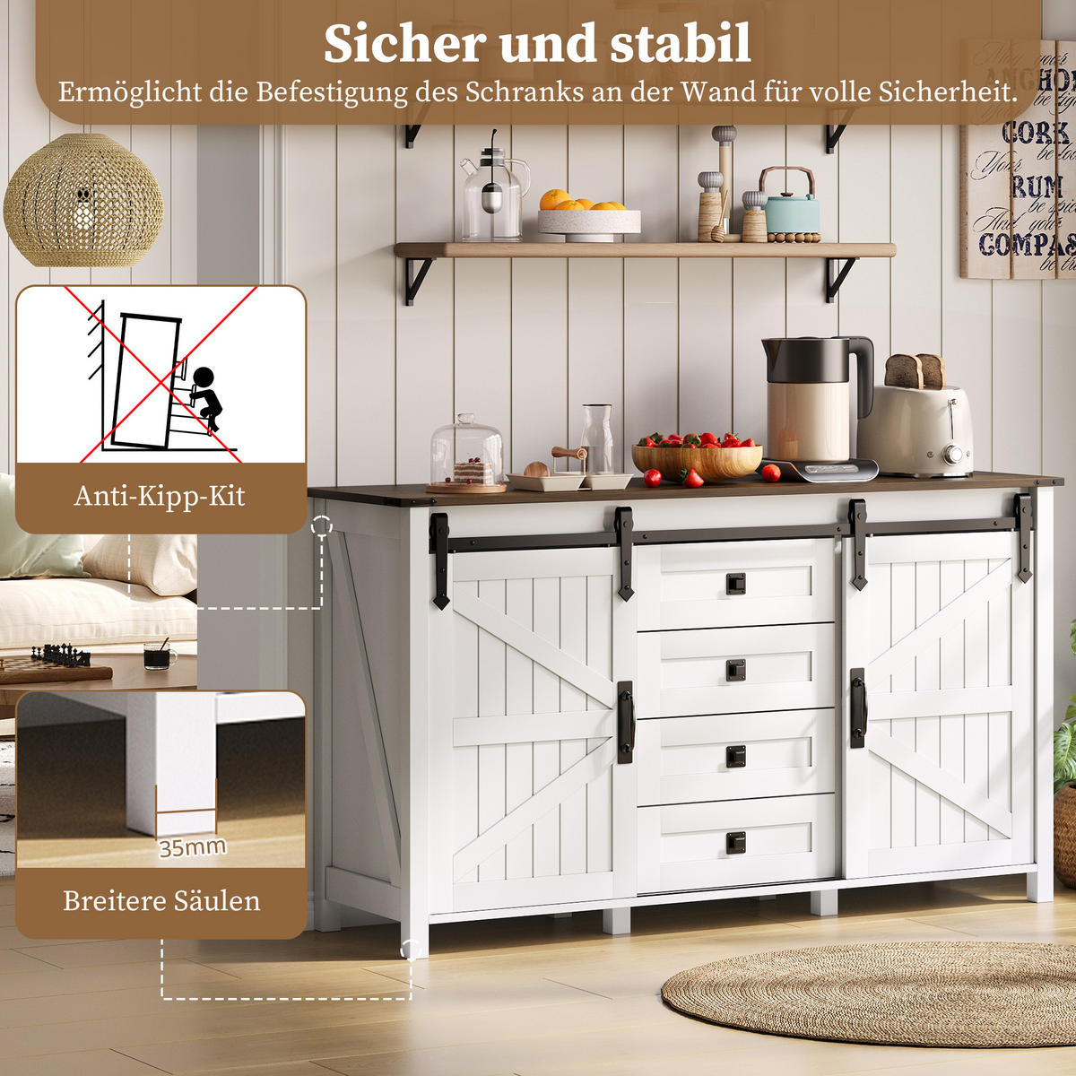 SIDEBOARD 137 cm mit Schiebetüren und 4 Schubladen, Weiß - Weiß, Holzwerkstoff (137/81.5/40cm)