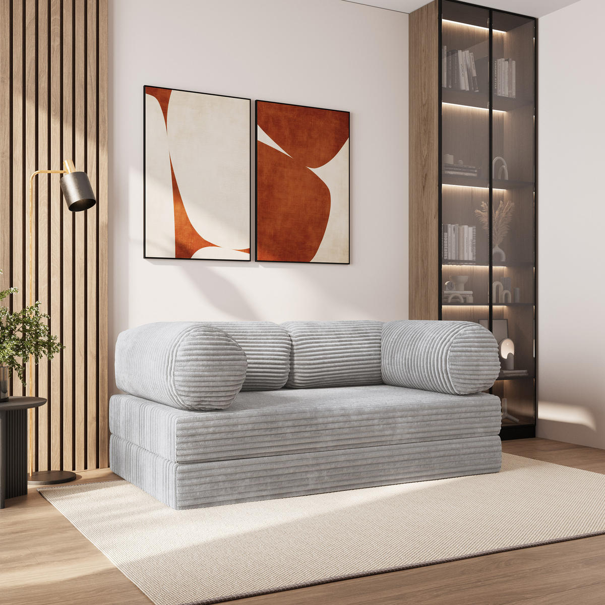 BETTSOFA ALVIO aus Schaumstoff Cordstoff Hellgrau Schlaffunktion - Grau, Textil (170/68/80cm) - MASSENO