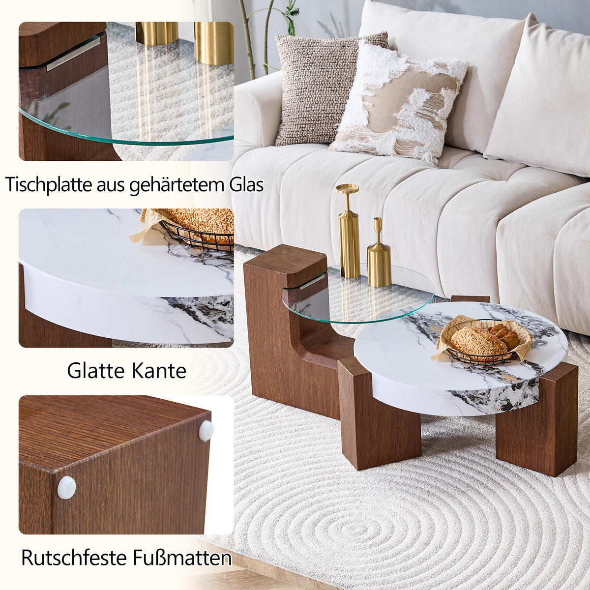 COUCHTISCH in Naturfarbe und Weiß 2er-Set Couchtisch-Kombination für Wohnzimmer, B44/T62/H44 cm, Ø61/H30 cm - Walnussfarben/Weiß, Glas/Holzwerkstoff (61/61/30cm) - STILVORA