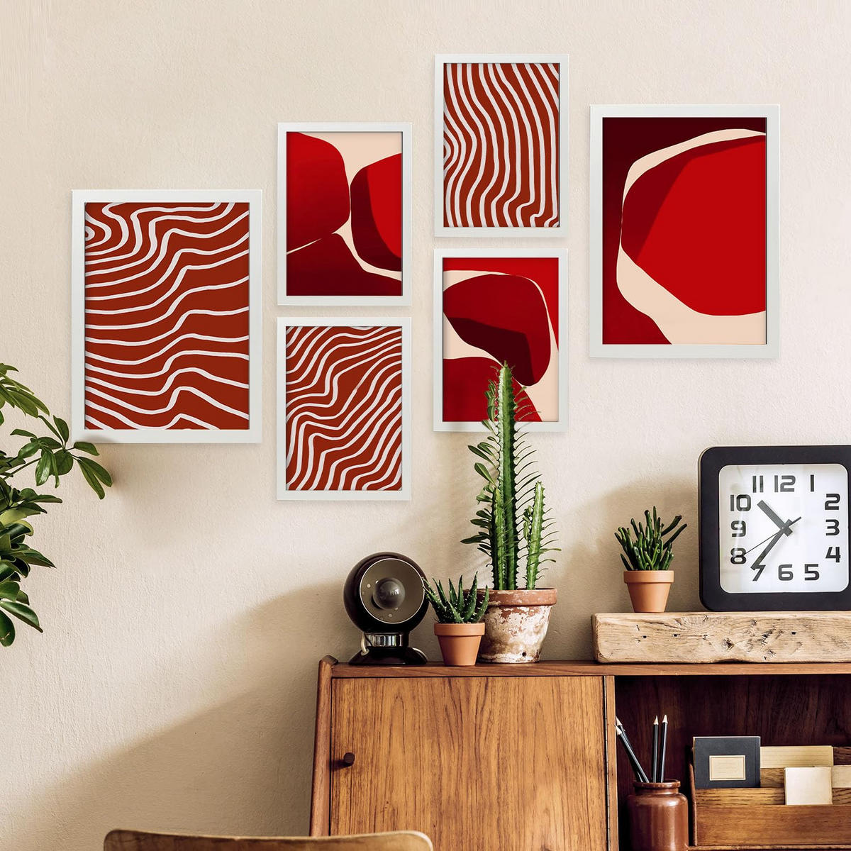 POSTER Set Mit 6 Rote Steine In Form Abstracts Ästhetische Dekorative Gemälde Für Ihr Wohnzimmer, Schlafzimmer, Zuhause A3 & A4 Weißer Rahmen - Weiß, Papier (29/3cm) - Nacnic