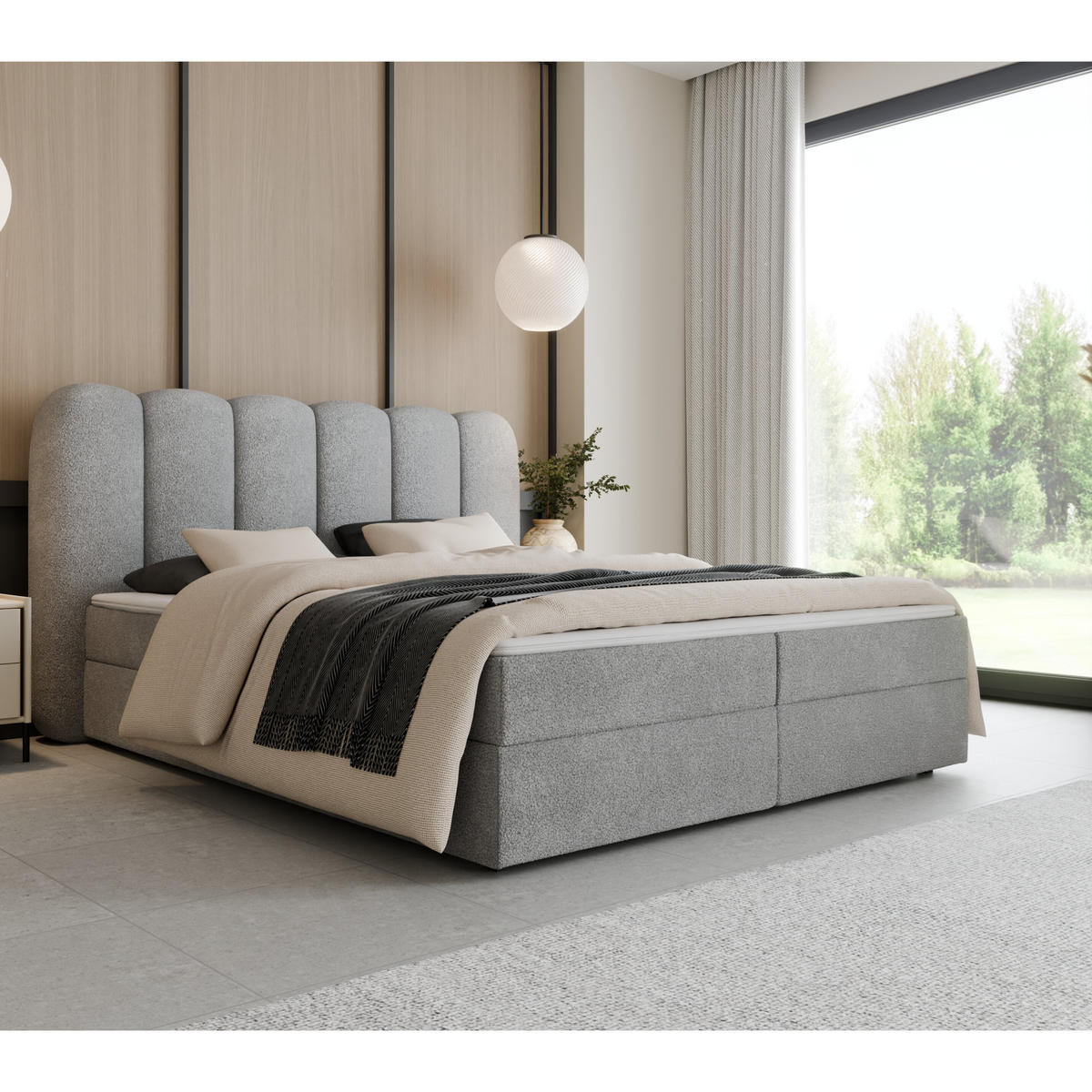 BOXSPRINGBETT SOFTI 160x200 cm, Hellgrau Bouclé, inkl. Bettkasten & Topper - Grau, Textil (160/200cm) - Excellent Home