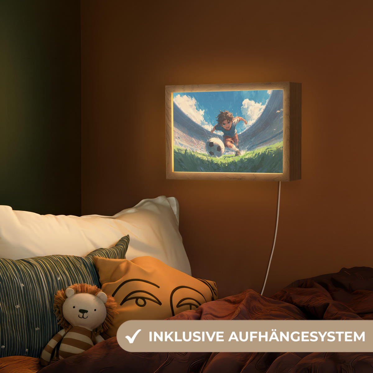 NACHTTISCHLAMPE Stadion - Fußballer - Ball 30x20 cm - Blau, Holzwerkstoff (8/30/20cm)