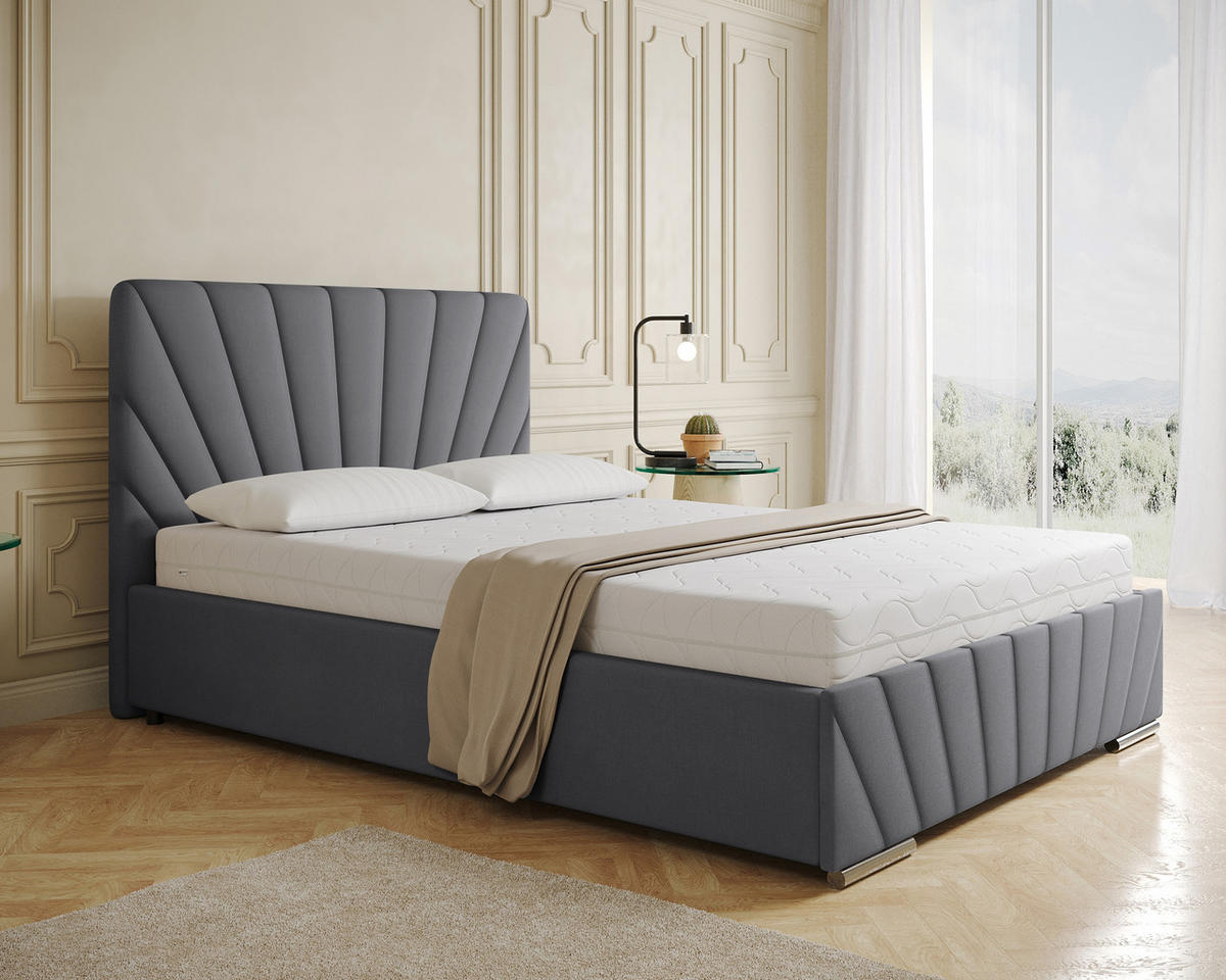 POLSTERBETT Ray 140 x 200 cm mit Bettkasten und Lattenrost Taschenfederkernmatratze mit Kokos 20cm- grau - Dunkelgrau, Holz (140/200cm) - Homesy