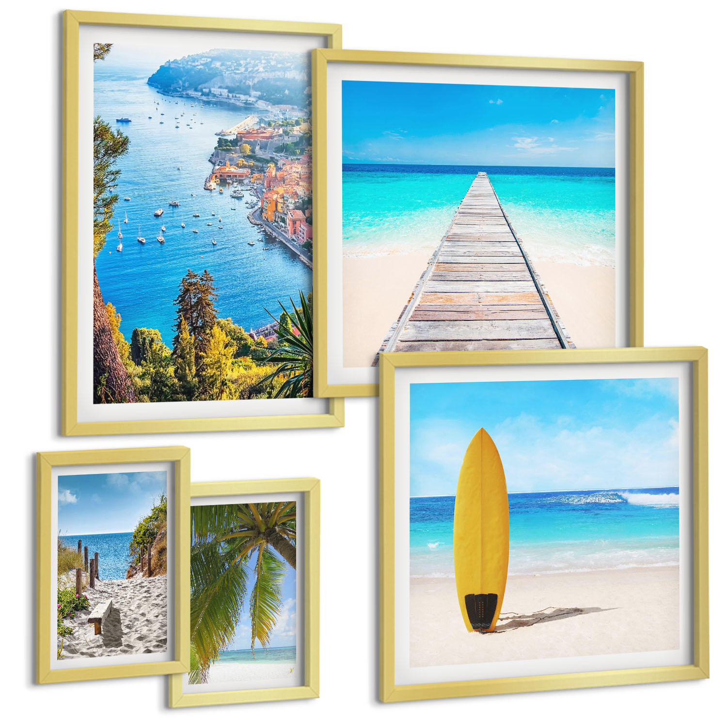 BILDER SET 5er Set - 50x50 cm & 20x30 cm & 40x60 cm Goldrahmen - Urlaubsblick Strand Palmen - Goldfarben, Kunststoff (40/60cm) - TULUP