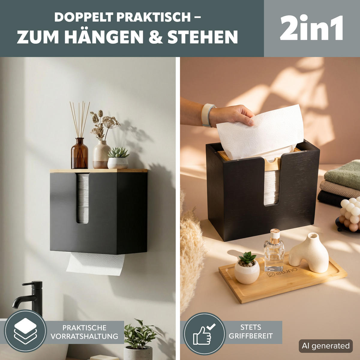 PAPIERHANDTUCHSPENDER mit Bambus-Einsatz - Schwarz, Holz (29/25/15cm) - eluno
