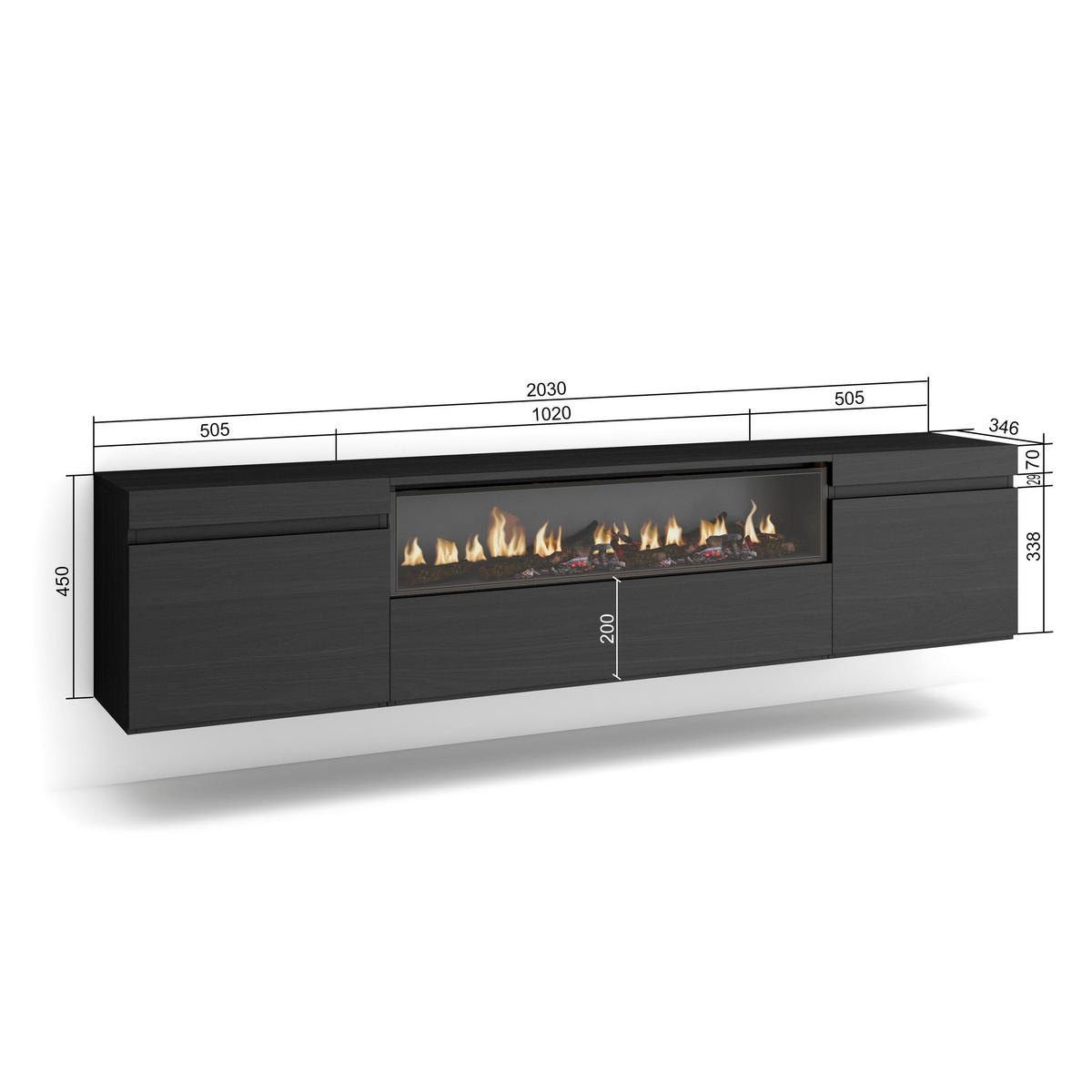 TV-SCHRANK schwarz, mit Elektrokamin, Hängend, 200/35/45cm - Anthrazit, Holzwerkstoff (200/45/35cm) - Skraut Home