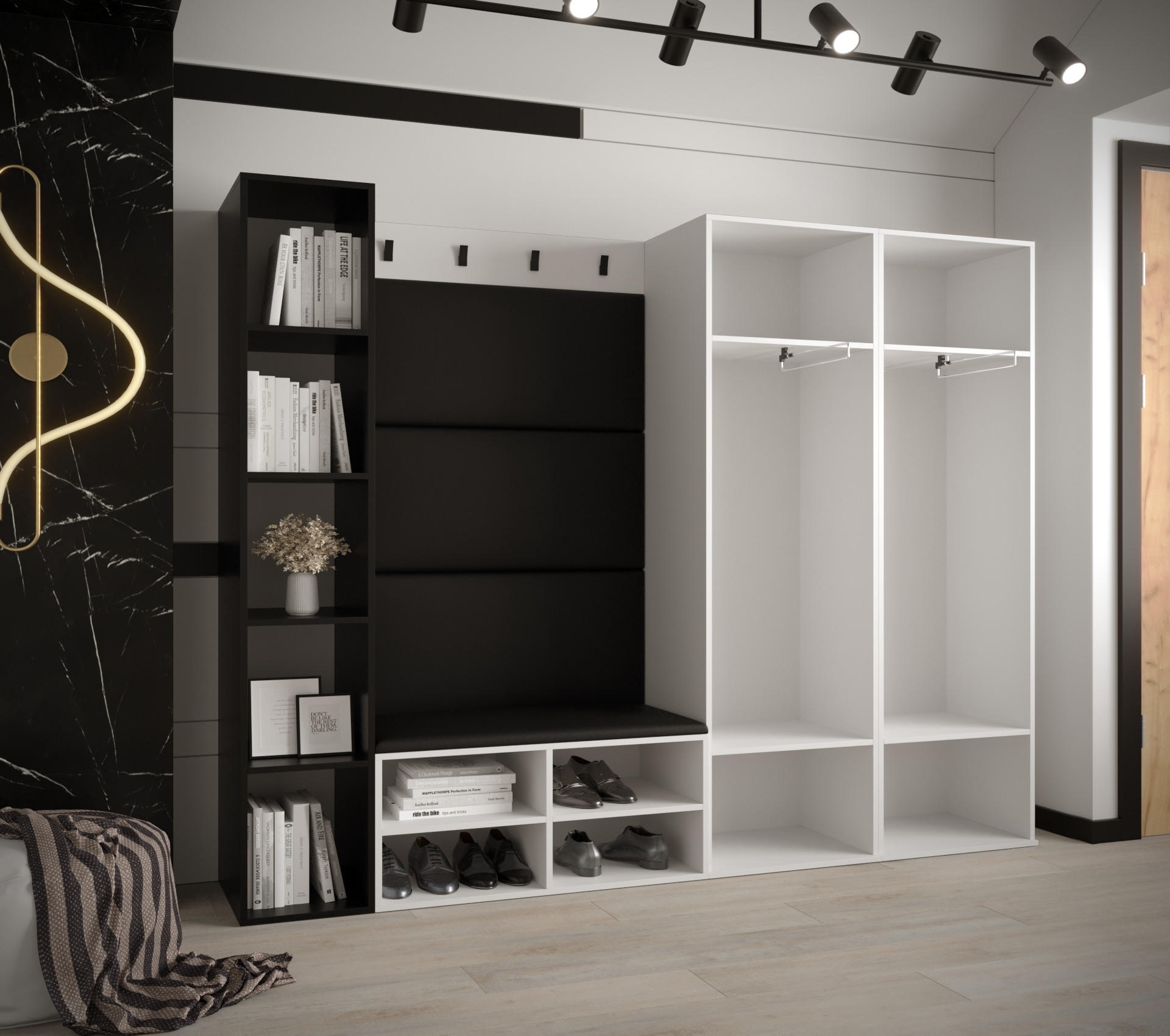 Thumbnail - Möbel Kryspol Garderoben-Set, Weiß, Schwarz, Kunststoff, Nachbildung, 2-Sitzer, 10 Fächer, 214x184x42 cm, Garderobe, Gar...