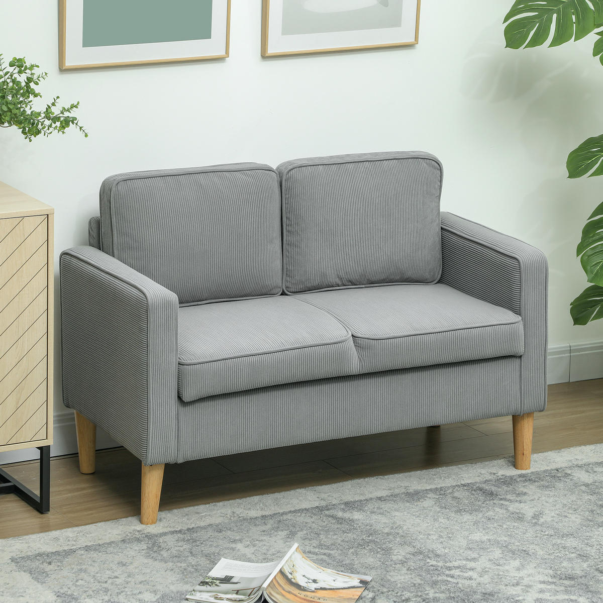 SOFA 2 Sitzer klein Couch mit Armlehne, Stauraum für Wohnzimmer, Hellgrau - Hellgrau/Naturfarben, Holz/Textil (63/79/117cm) - HOMCOM