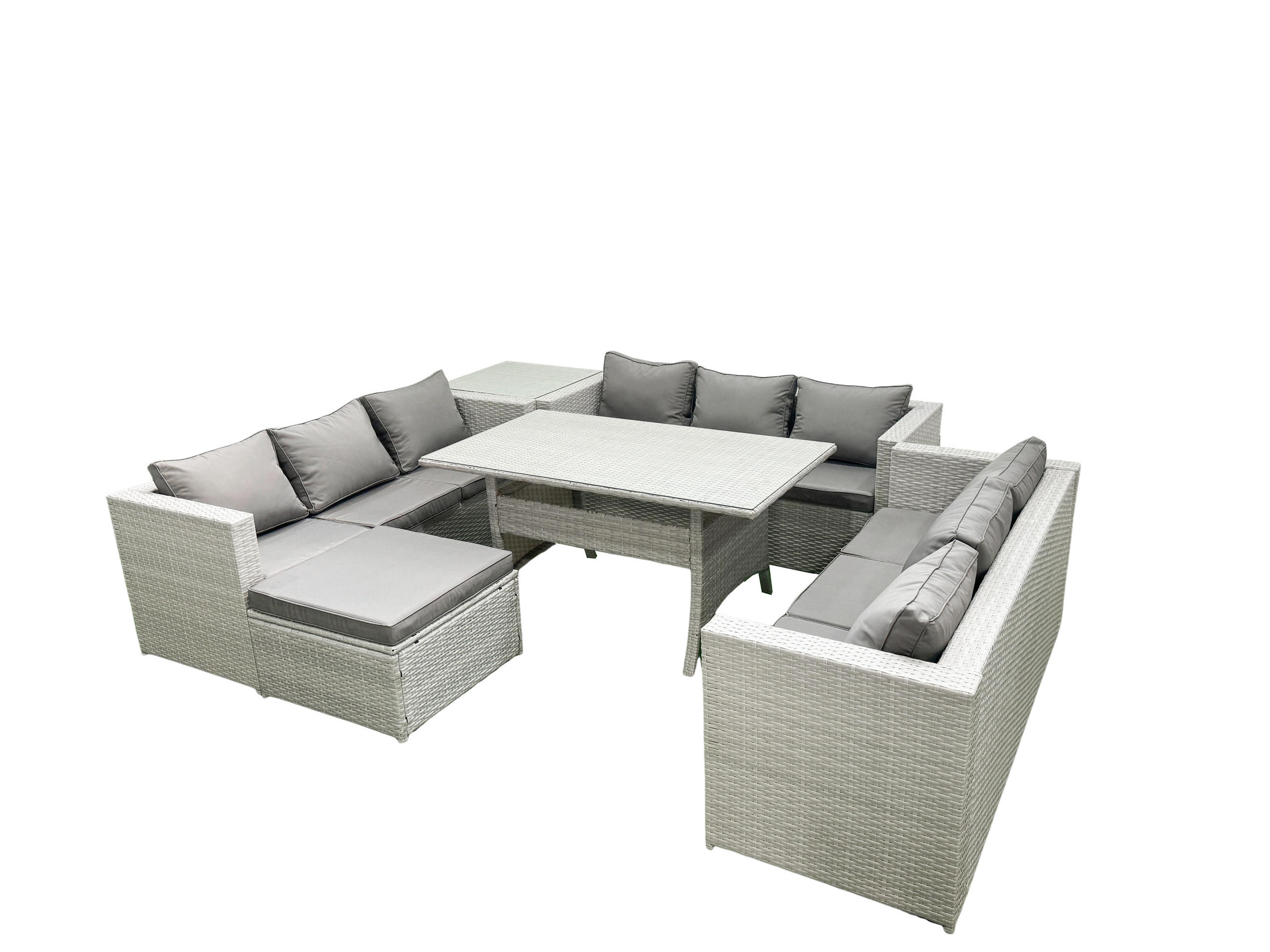 GARTENSET mit Esstisch,Sofa ,Beistelltisch,Großer Fußhocker Polyrattan Hellgrau 10-Sitzer - Hellgrau/Grau, Glas/Kunststoff - Fimous