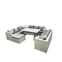 GARTENSET mit Esstisch,Sofa ,Beistelltisch,Großer Fußhocker Polyrattan Hellgrau 10-Sitzer - Hellgrau/Grau, Glas/Kunststoff - Fimous