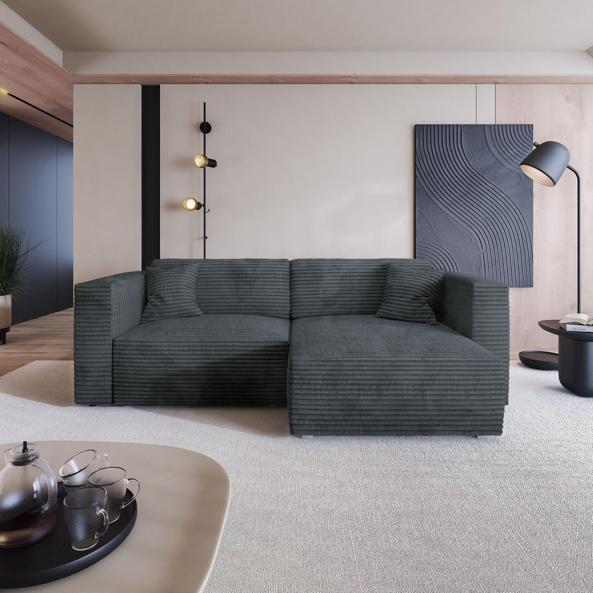 ECKSOFA NERIO Grau Kordstoff mit Schlaffunktion - Grau, Holz (245/148cm) - MASSENO