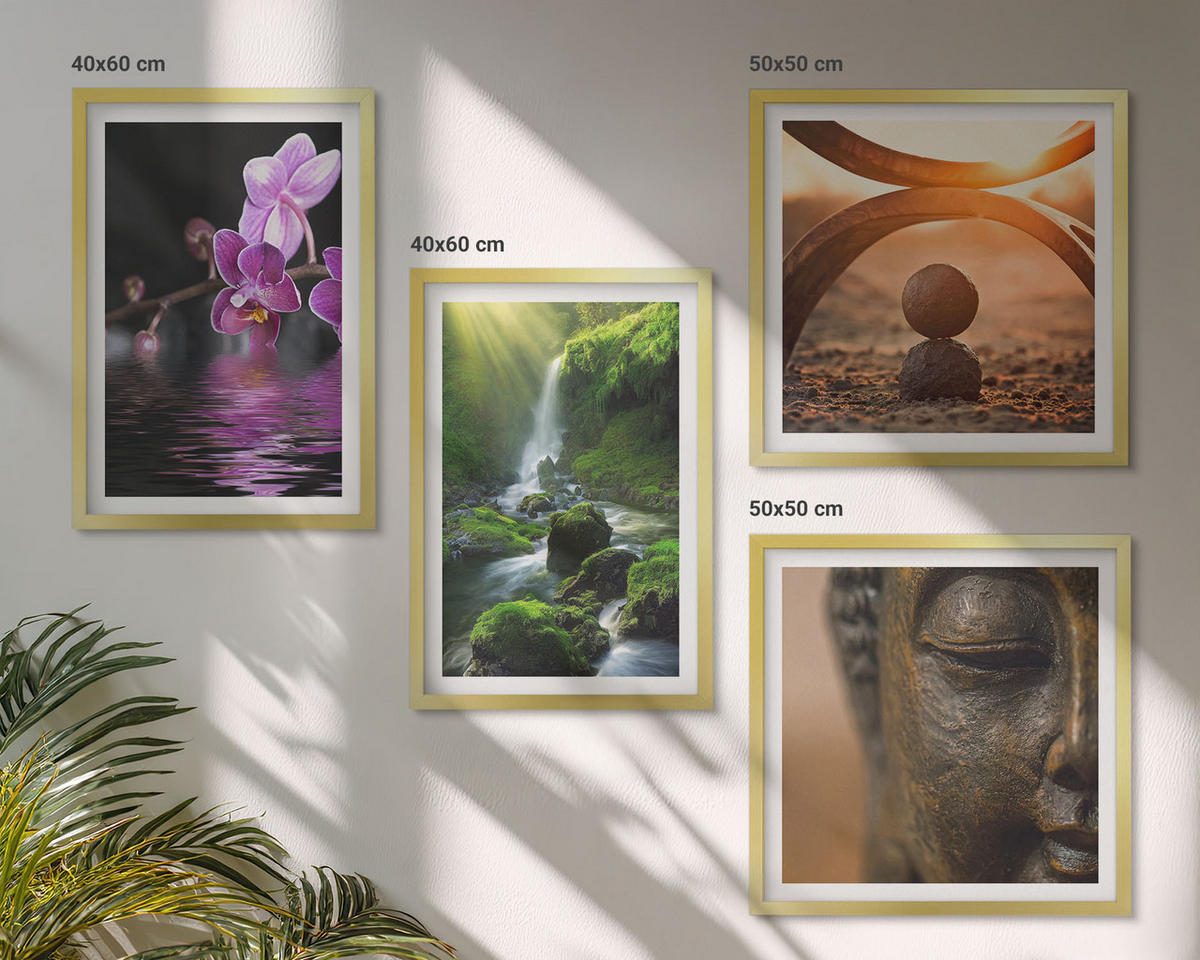 BILDER SET 4er Set - 50x50 cm & 40x60 cm Goldrahmen - Blumen im Wasser des Buddha-Wasserfalls - Goldfarben, Kunststoff (50/50cm) - TULUP