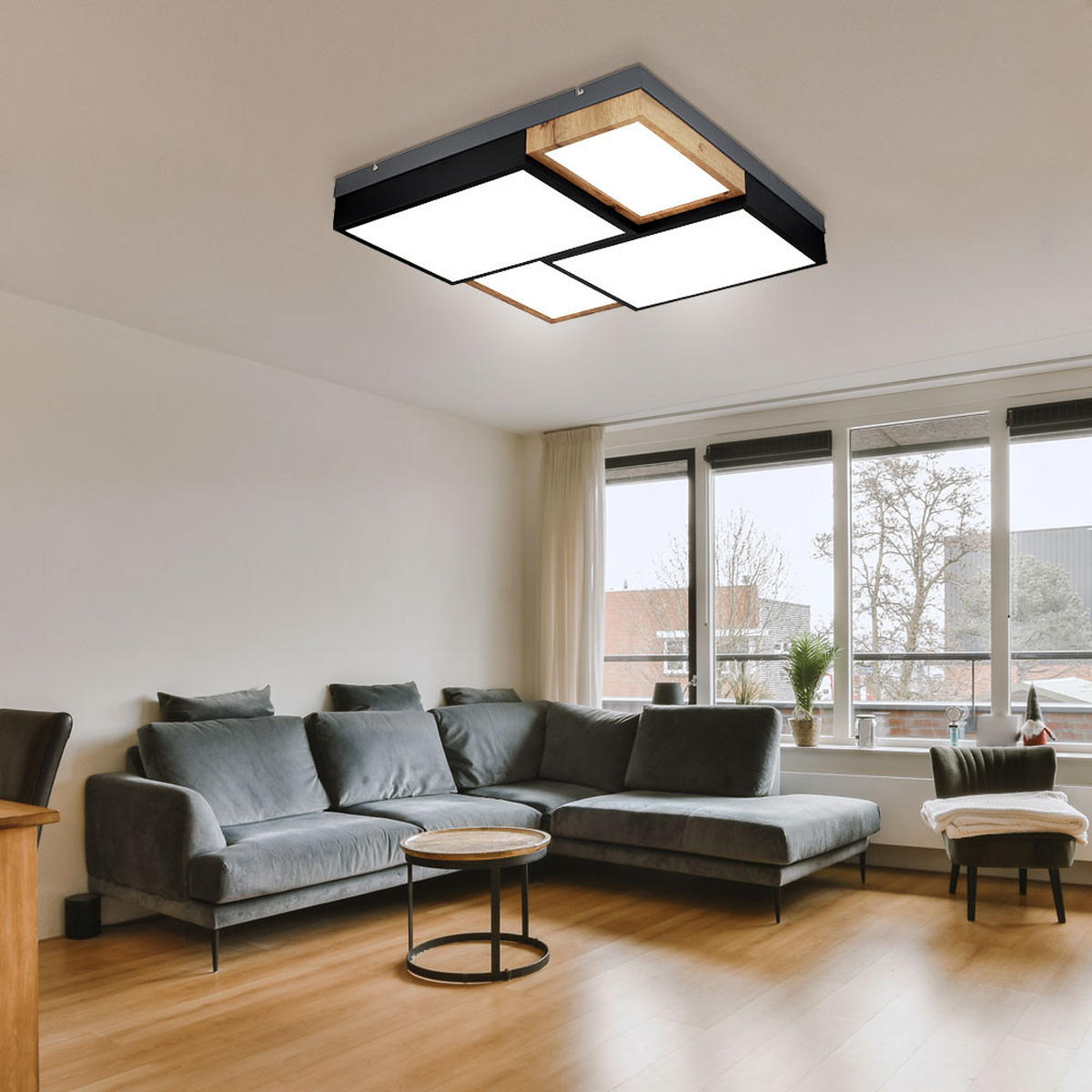 LED DECKENLEUCHTE Metall Schwarz-matt Holzoptik - Schwarz, Metall (60/60/9cm) - Globo Lighting