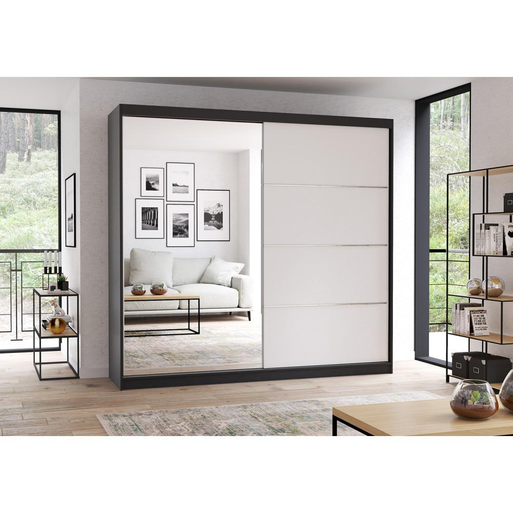 SCHWEBETÜRENSCHRANK Multi 42 Schwarz/Weiß + Spiegel, ohne LED Beleuchtung 203 cm - Alufarben/Schwarz, Glas/Holzwerkstoff (203/218/61cm) - imoebel24