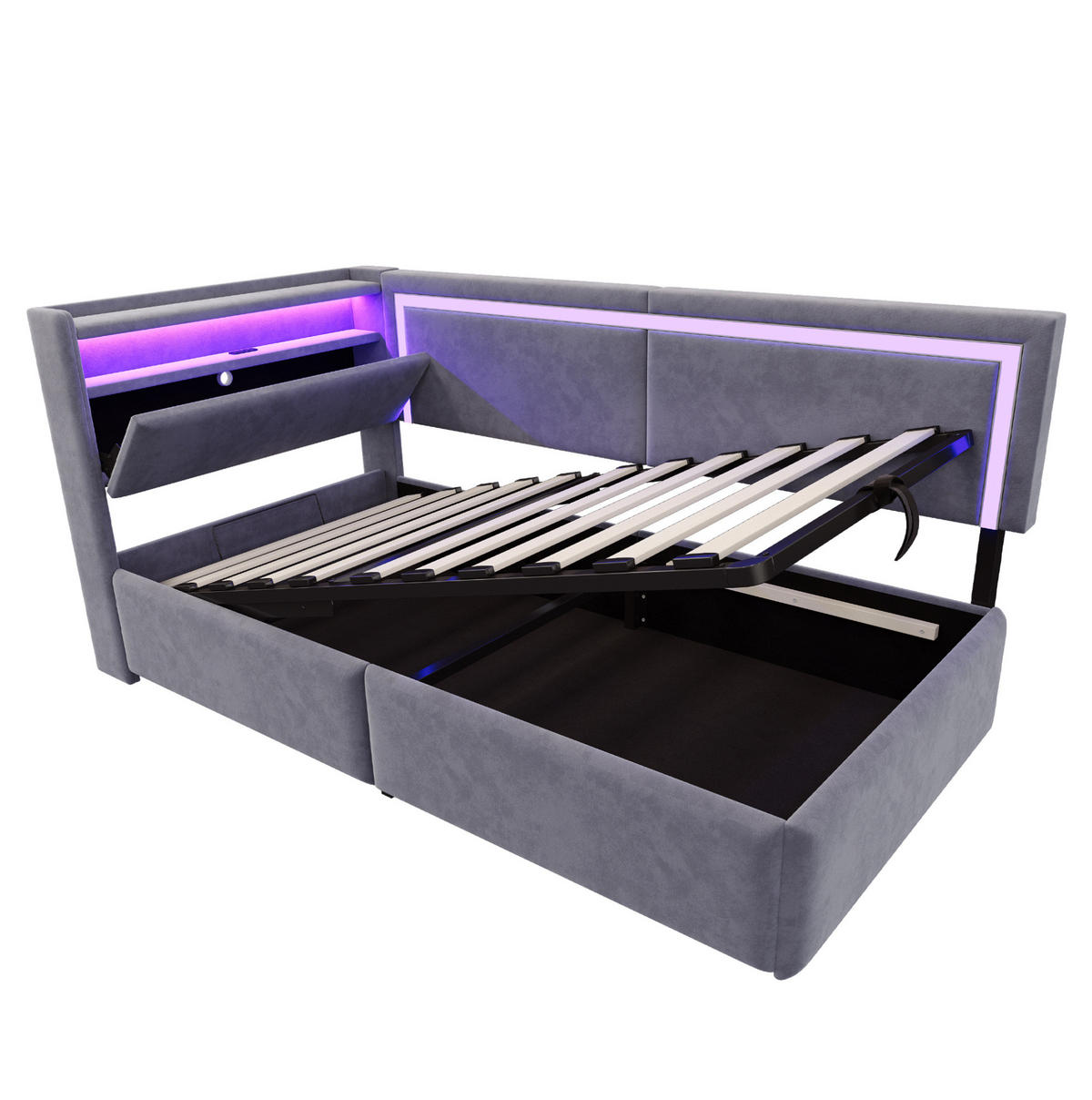 ROZKLADACIA posteľ 90/200 cm tmavosivá so LED osvetlením USB a úložným priestorom zo zamatu - sivá, textil (90/200cm) - OKWISH