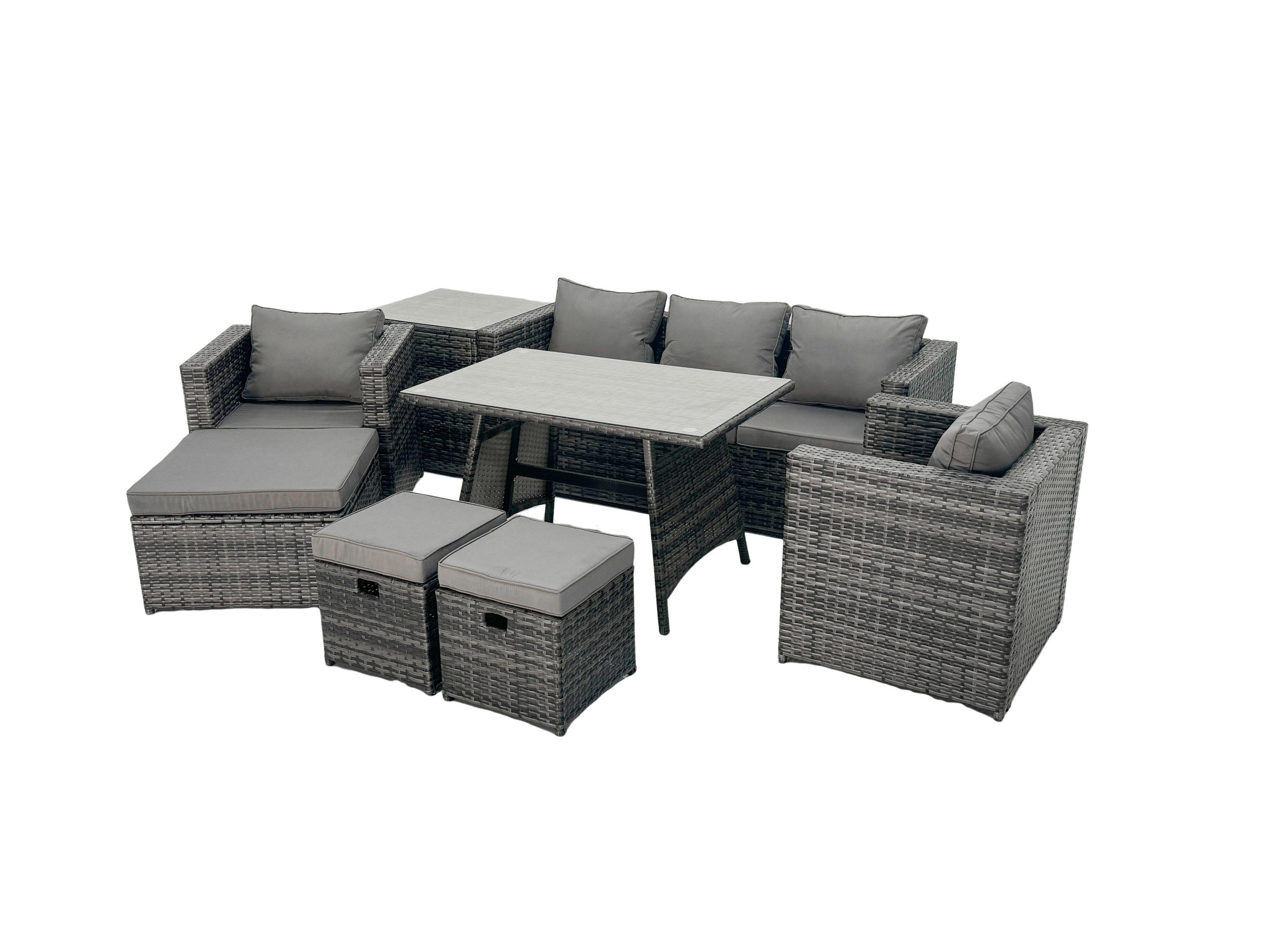 GARTENMÖBELSET mit Esstisch Hocker 8-Sitzer Grau - Dunkelgrau/Grau, Glas/Kunststoff - Fimous