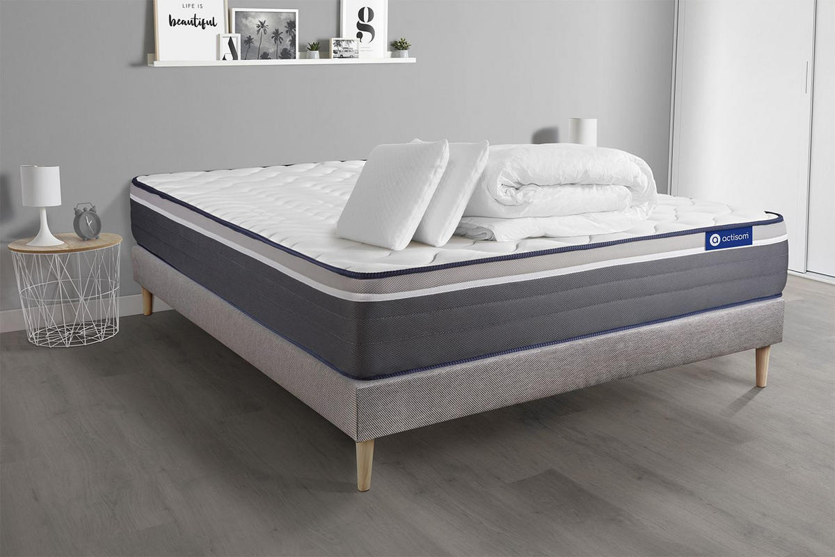 BETT Actimemo plus Memory-Schaum 140 x 190 cm h4 - Kit Bettgestell Grau - Mit Kissen und Bettdecke - Beige/Grau, Holz/Textil (140/190cm) - ACTISOM