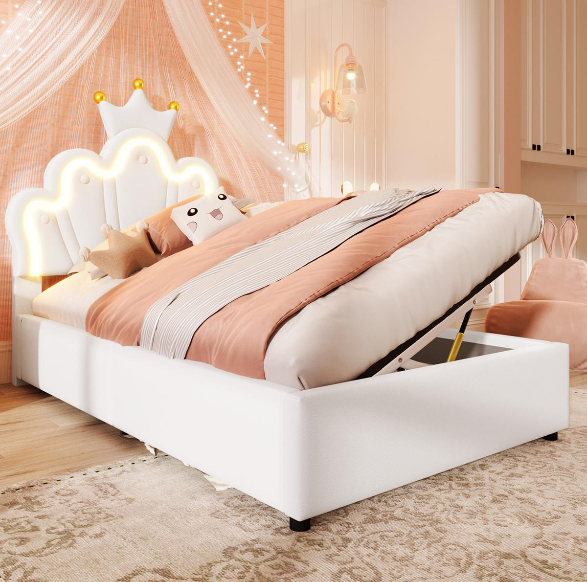 KINDERBETT aus PU und MDF 90x200 cm Weiß mit LED-Beleuchtung, verstellbarem Kopfteil und hydraulischem Bettkasten - Weiß, Leder (90/200cm) - Modfu