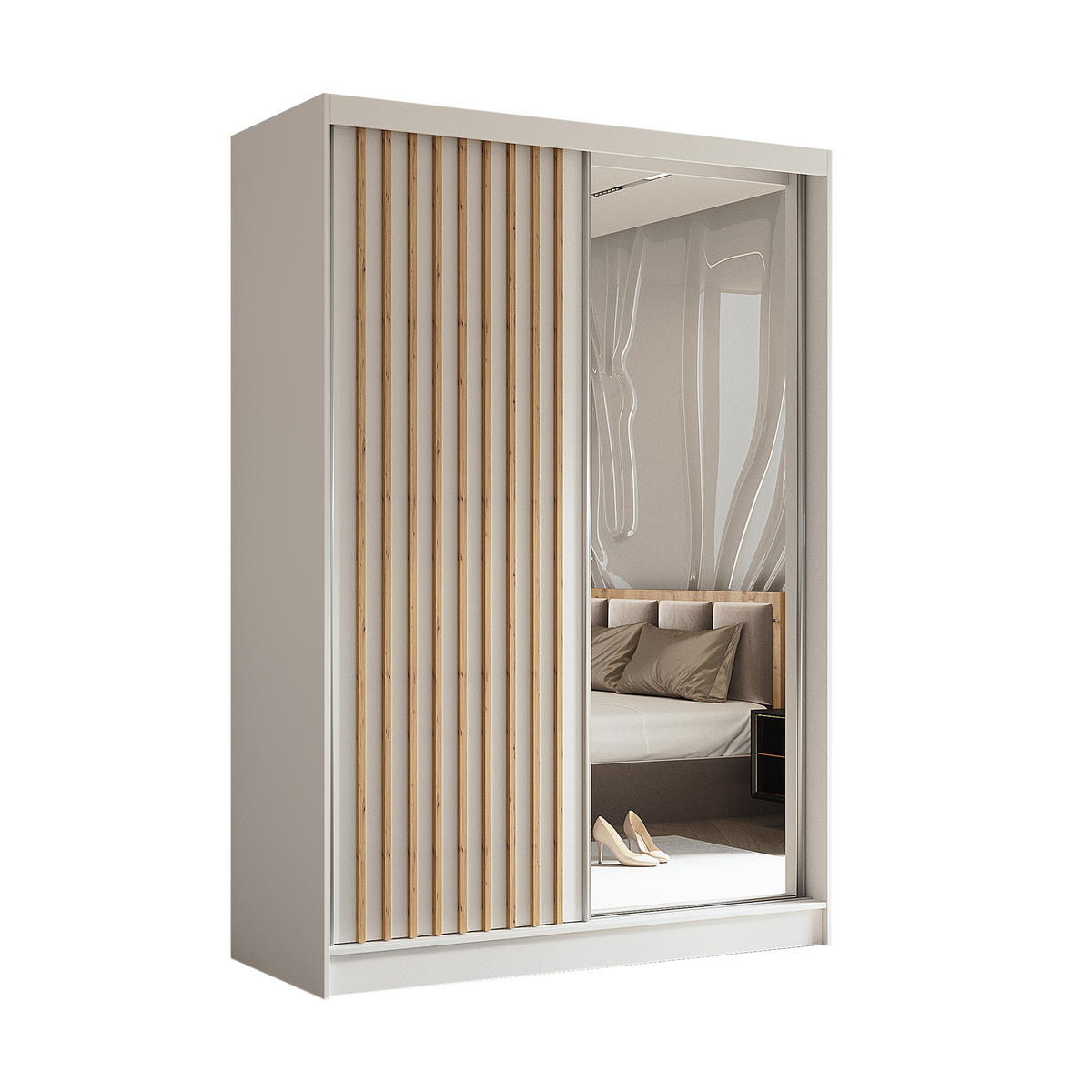 SCHWEBETÜRENSCHRANK LAMELLO 150/216/61 cm 2-türig mit Spiegel Weiß - Weiß, Holzwerkstoff (150/216/61cm) - MASSENO