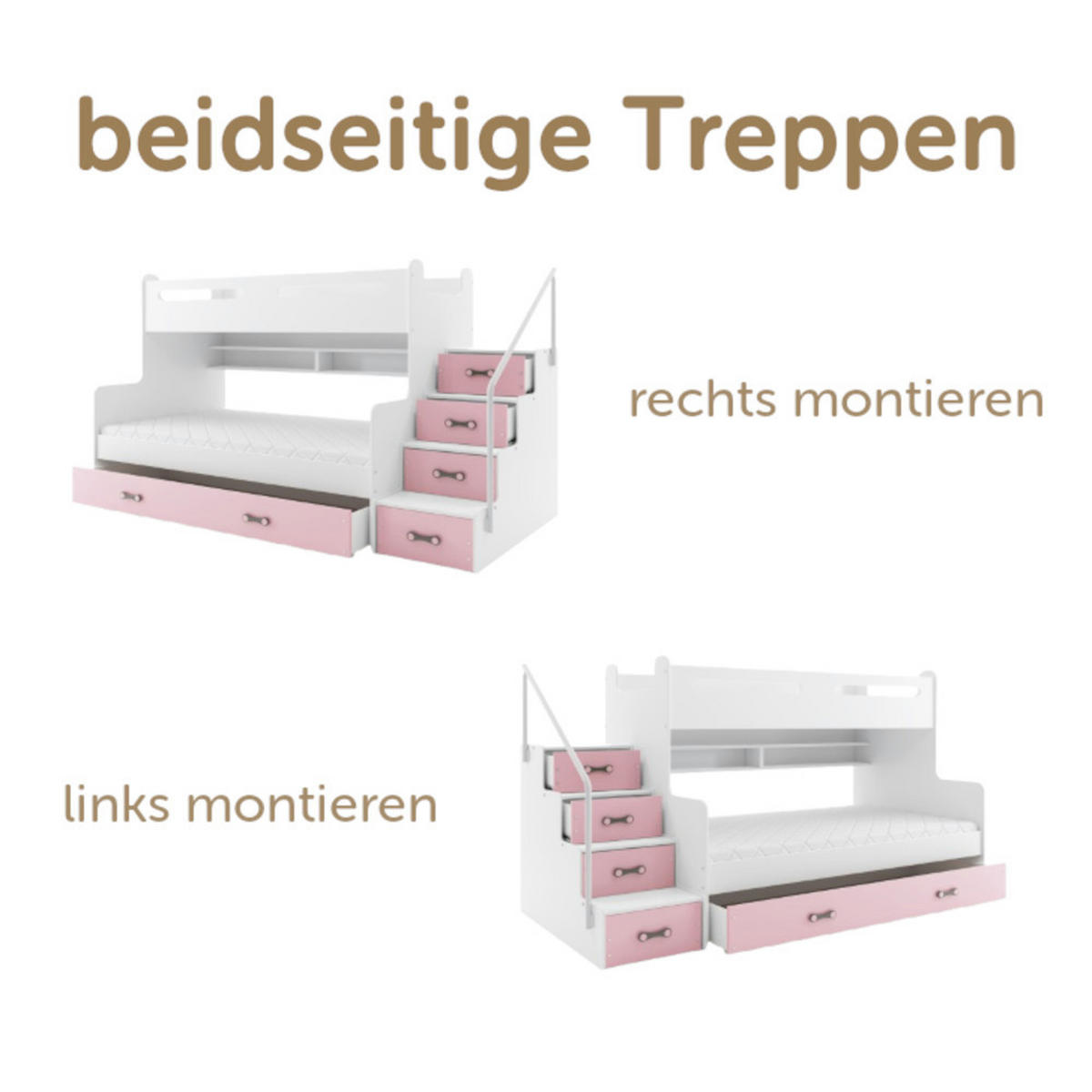 ETAGENBETT Max 3 200x80cm / 200x120cm mit Schublade und Lattenrost - Hellrosa/Weiß, Holzwerkstoff (120/200cm) - Interbeds