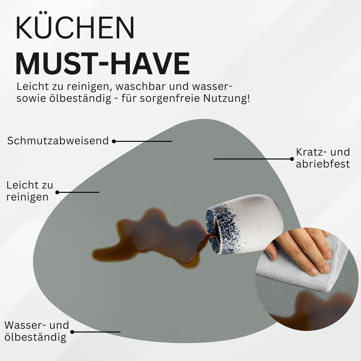 TISCHSET - Kunstleder - Doppelseitig - Grau/Mint - Organisch - 44x37cm - 12 Stück - Mintgrün, Kunststoff (44/37cm) - Sänger