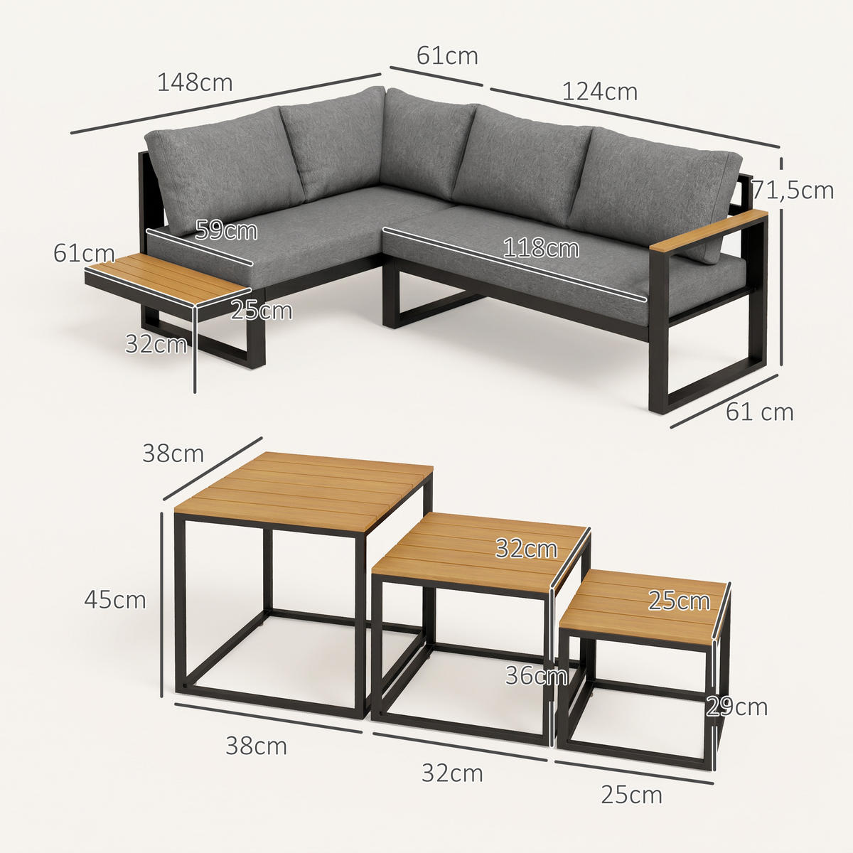 GARTENSET 5-teilig Dunkelgrau 148.0/61.0/71.5 cm - Dunkelgrau, Metall