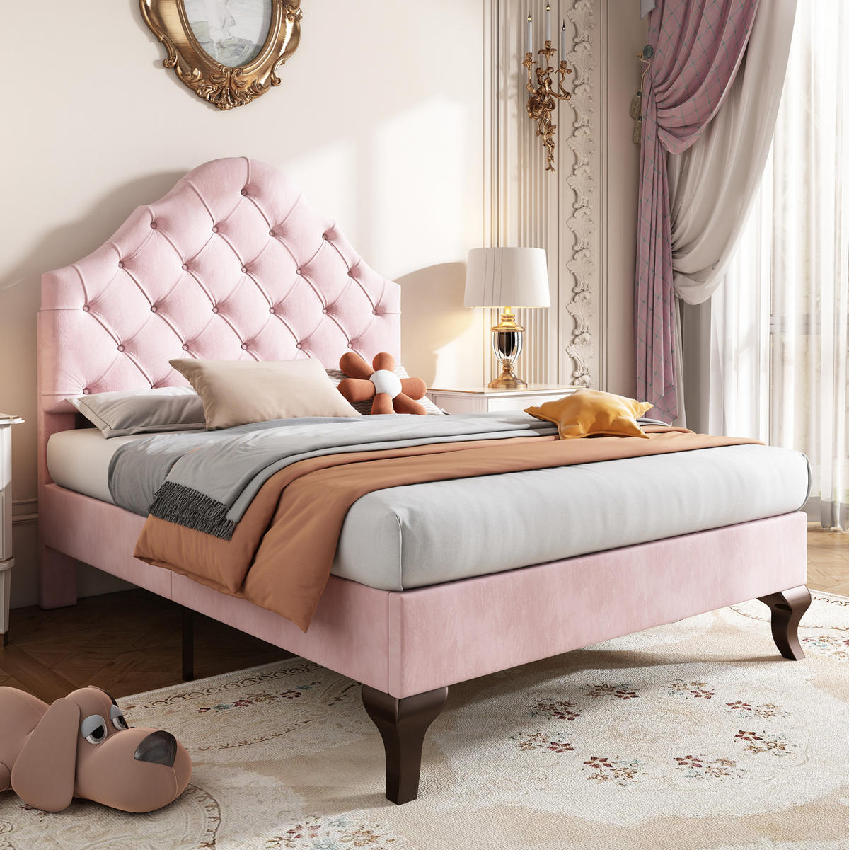 BETT mit verstellbarem Kopfteil 90x200 cm Samt Pink - Pink, Metall (90/200cm) - Meubliv