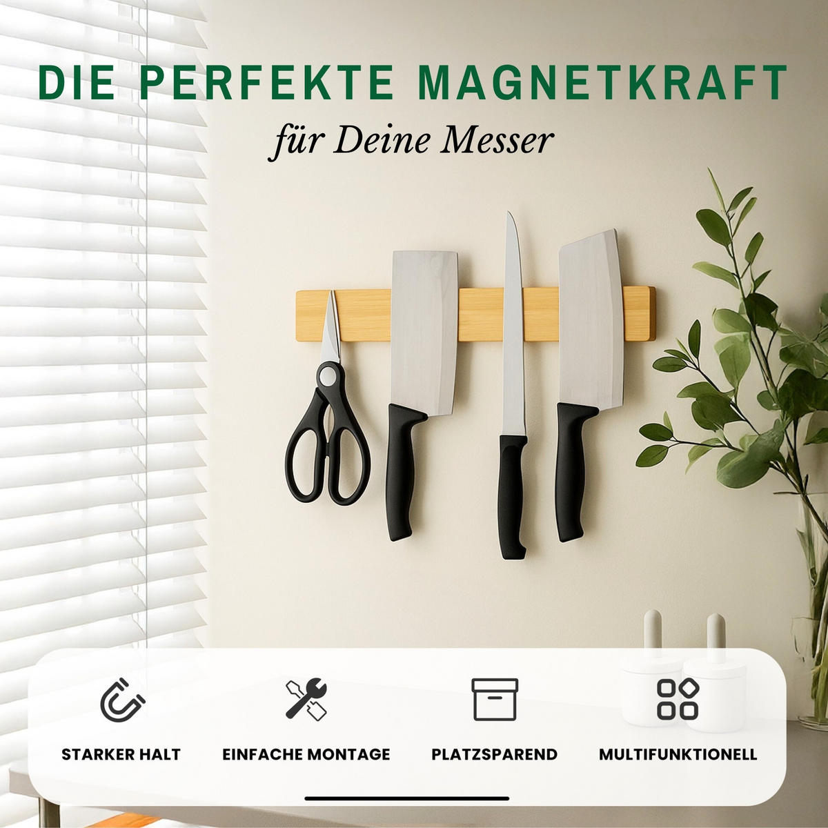 MESSERLEISTE aus Bambus 40cm breit inkl. 3 Haken - Beige, Holz (40/6.2/1.5cm) - CHEFGASTRO