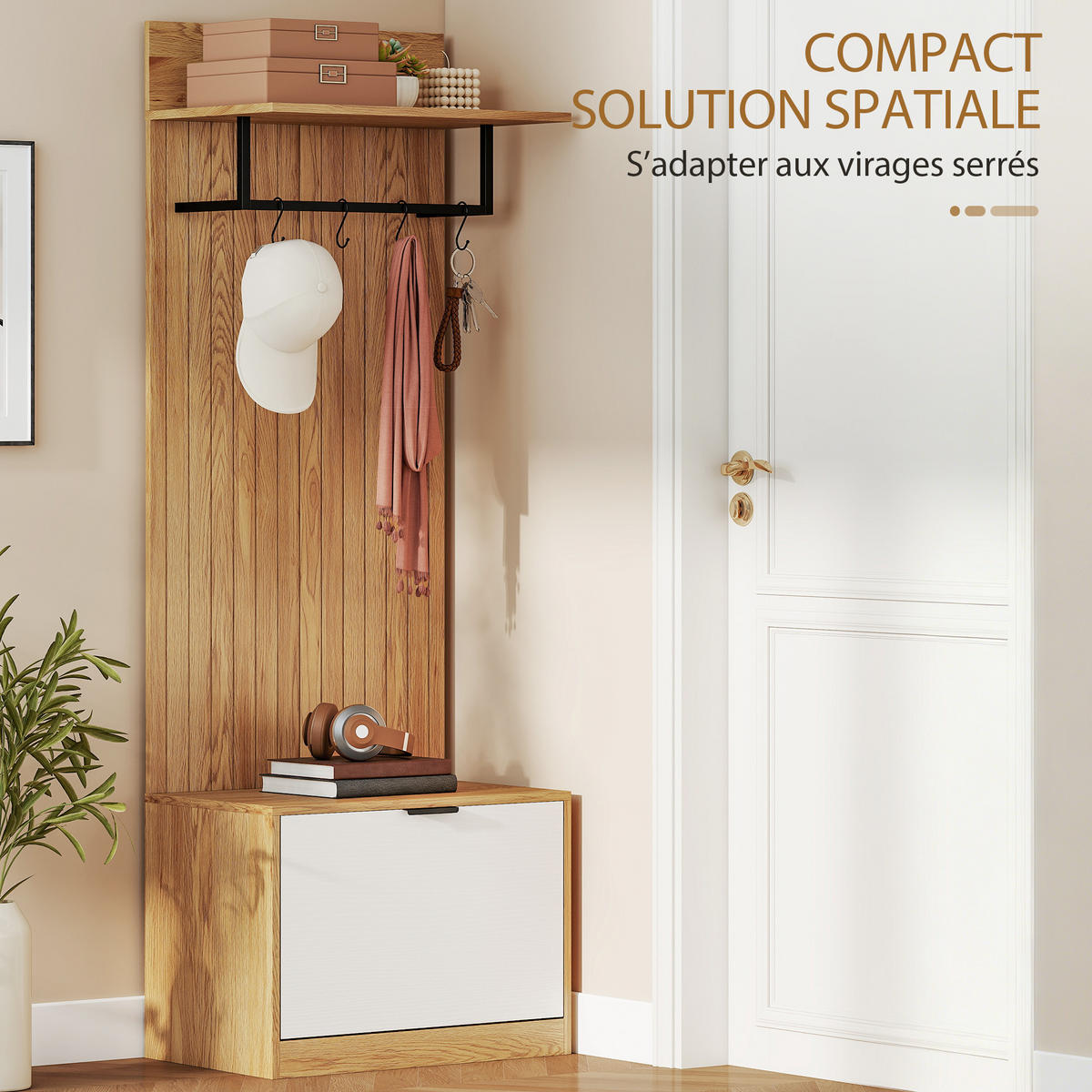 GARDEROBE DE-17895 5-in-1 mit klappbarer Schuhbank Eiche - Eichefarben, Holzwerkstoff (30/170/60cm) - ComfortXL