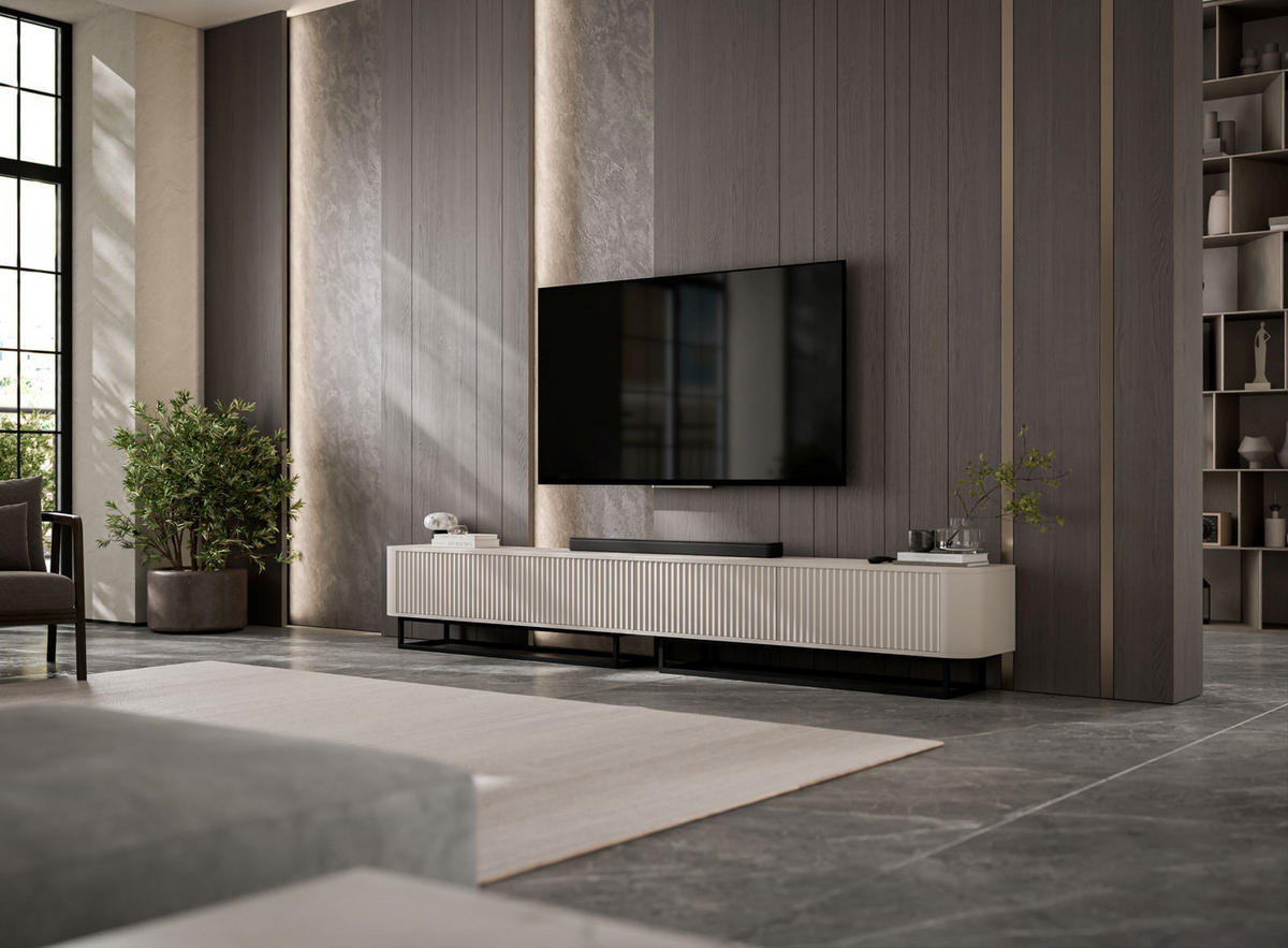 TV omarica Aurora, komplet 2 kosov s kovinskim okvirjem, mat kašmir, 280 cm - kašmir/črna, kovina/leseni material (280/44/35cm) - Meble Lindner
