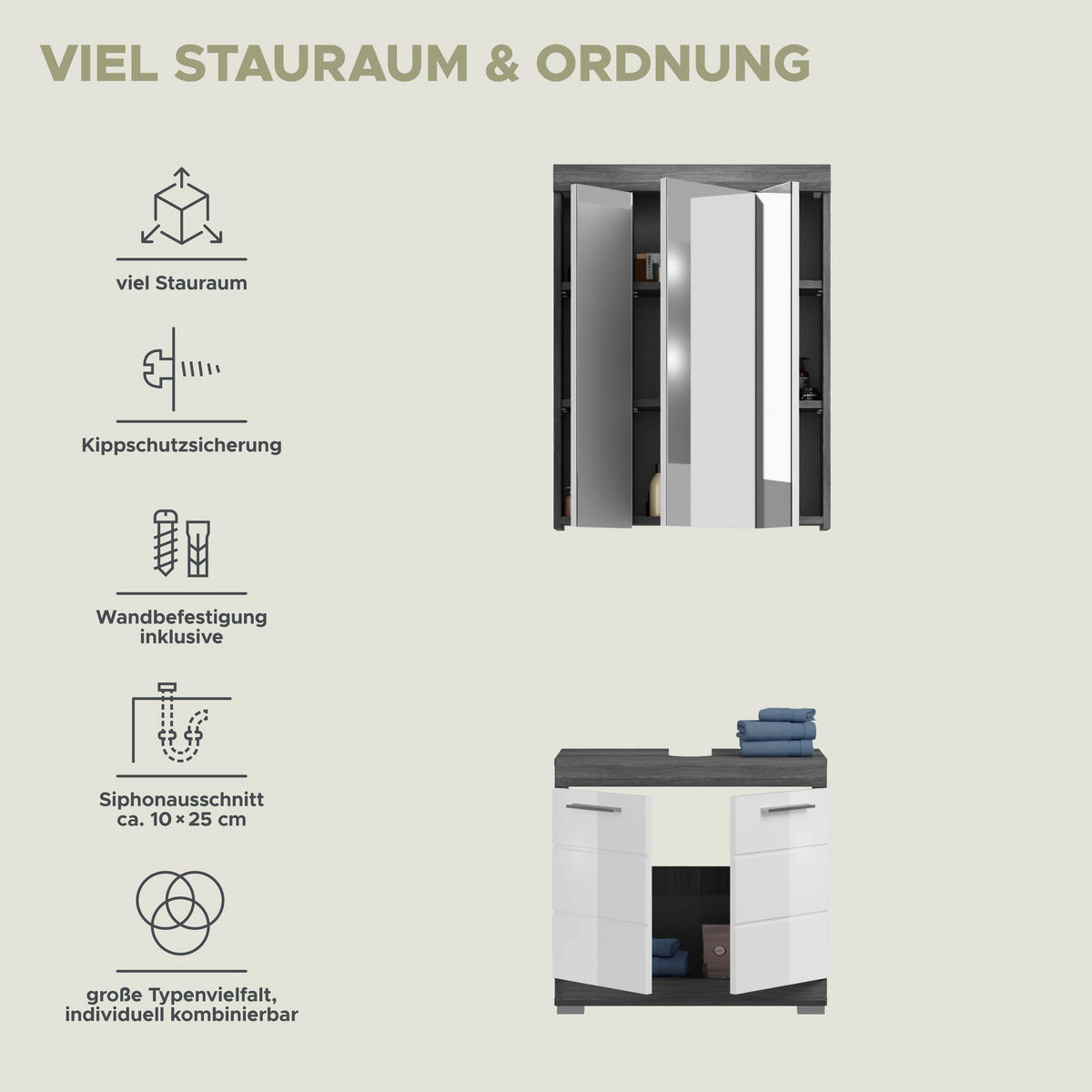 BADKOMBINATION 2tlg. Scout Bad in Rauchsilber Nachbildung und weiß hochglanz B/H/T: 60x191x34 cm - Anthrazit, Holz (60/191/34cm)